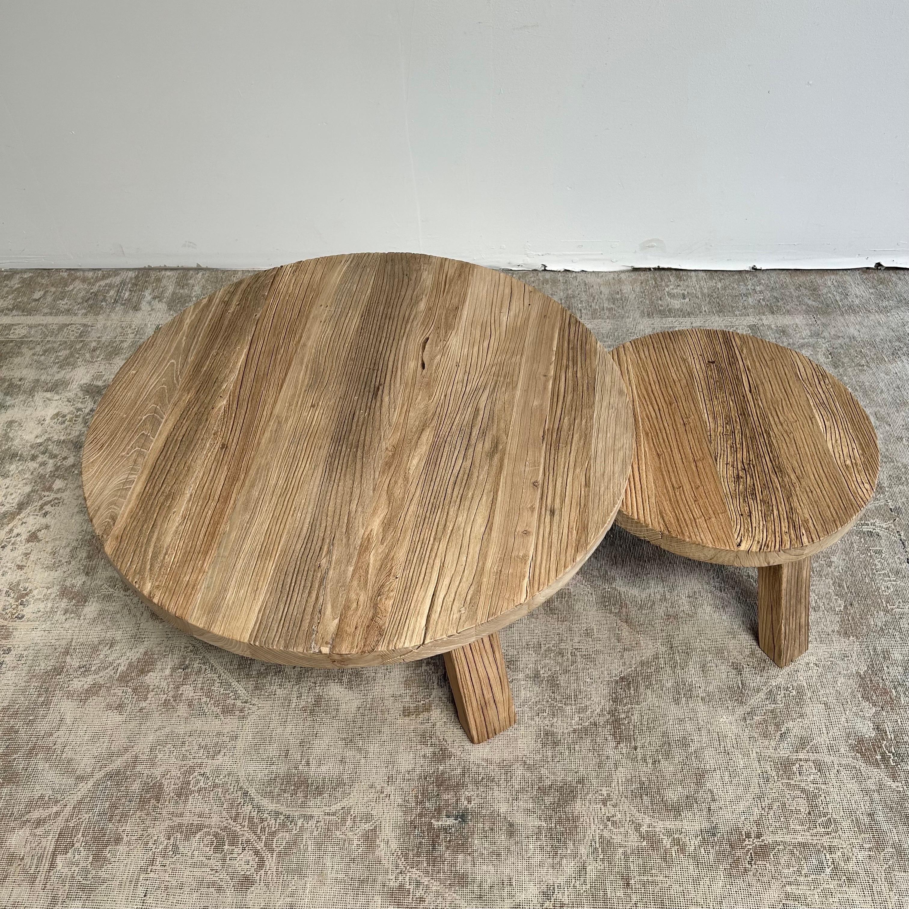 Asian Reclaimed Round Elm Wood Coffee Table Set