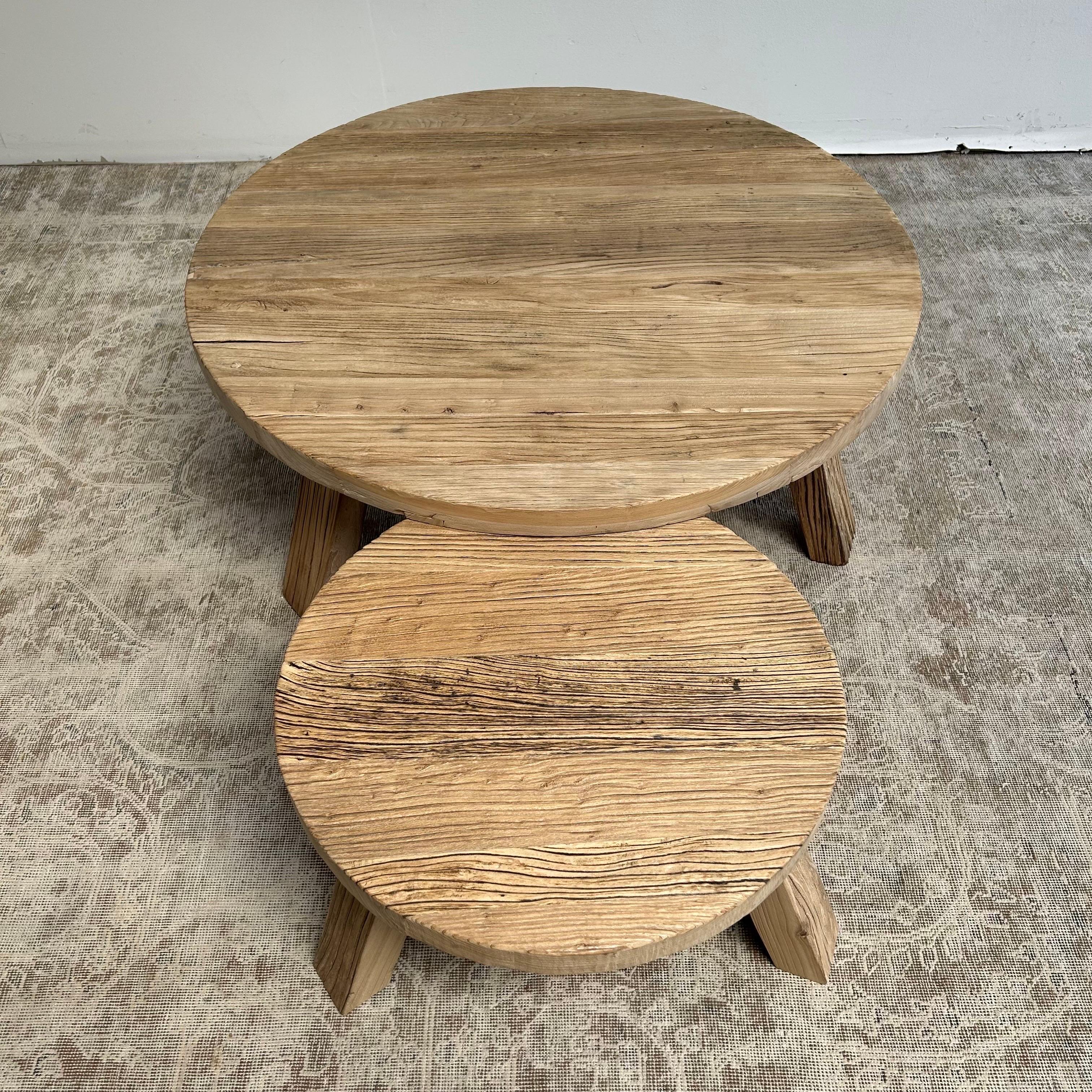 Reclaimed Round Elm Wood Coffee Table Set 1