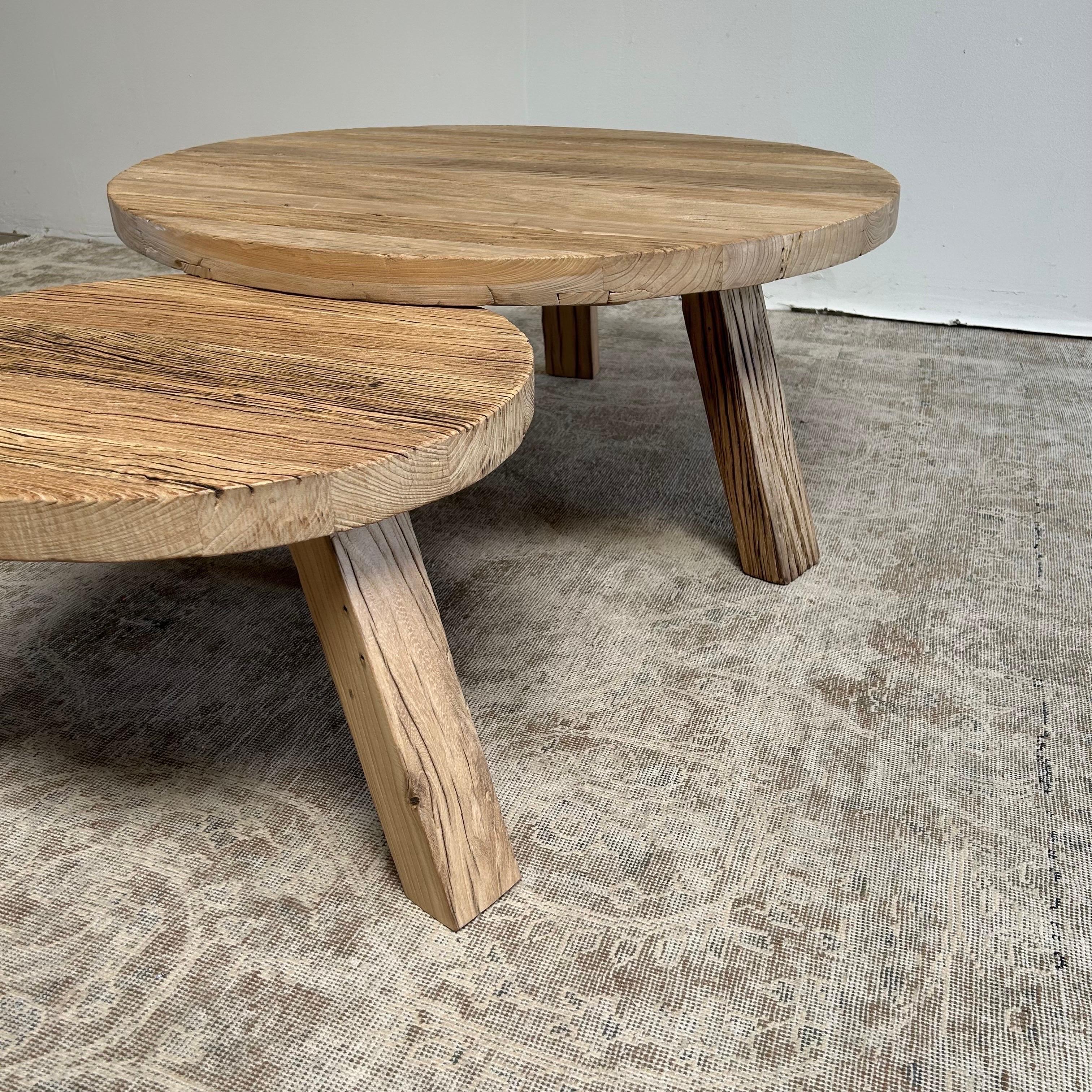 Reclaimed Round Elm Wood Coffee Table Set 2