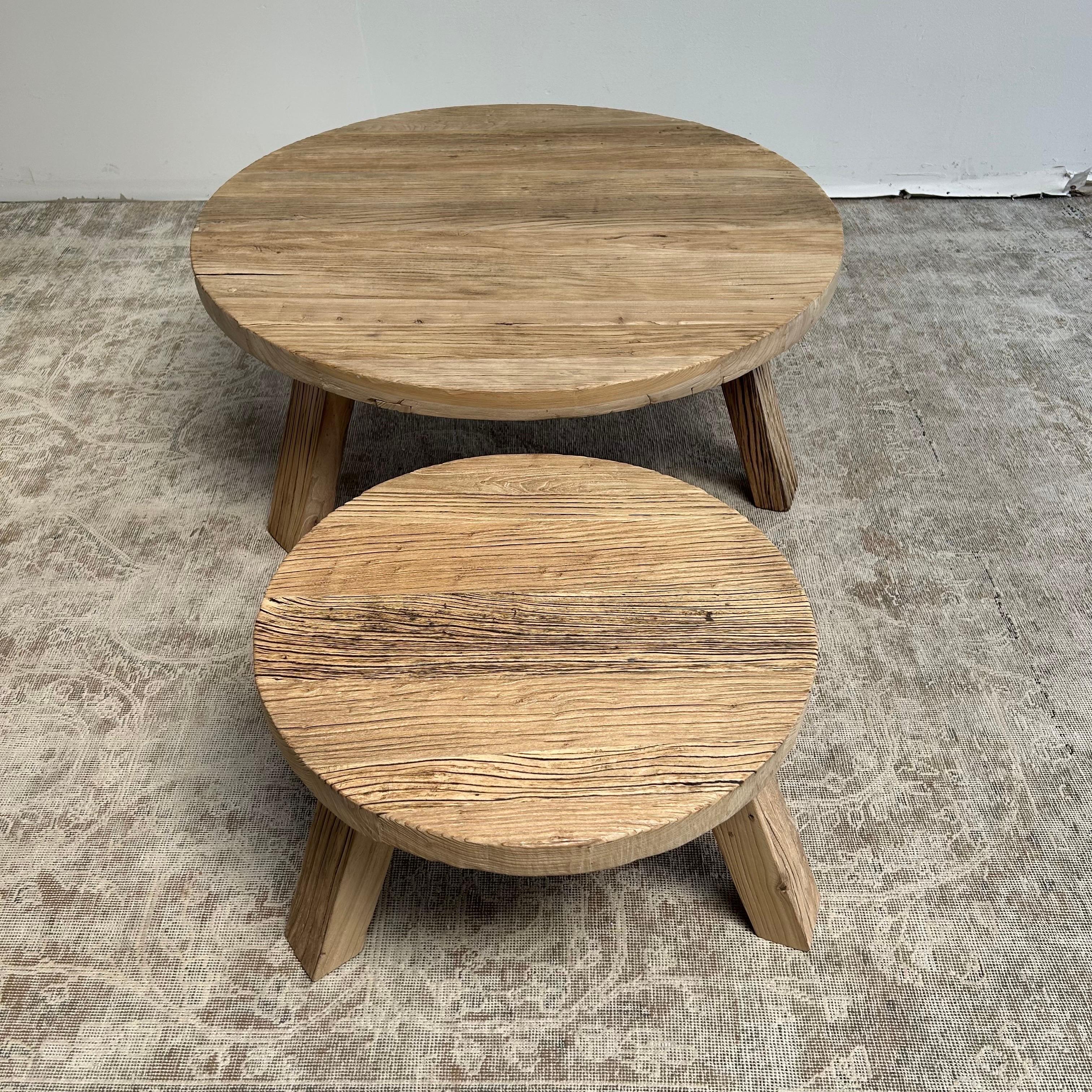 Reclaimed Round Elm Wood Coffee Table Set 3