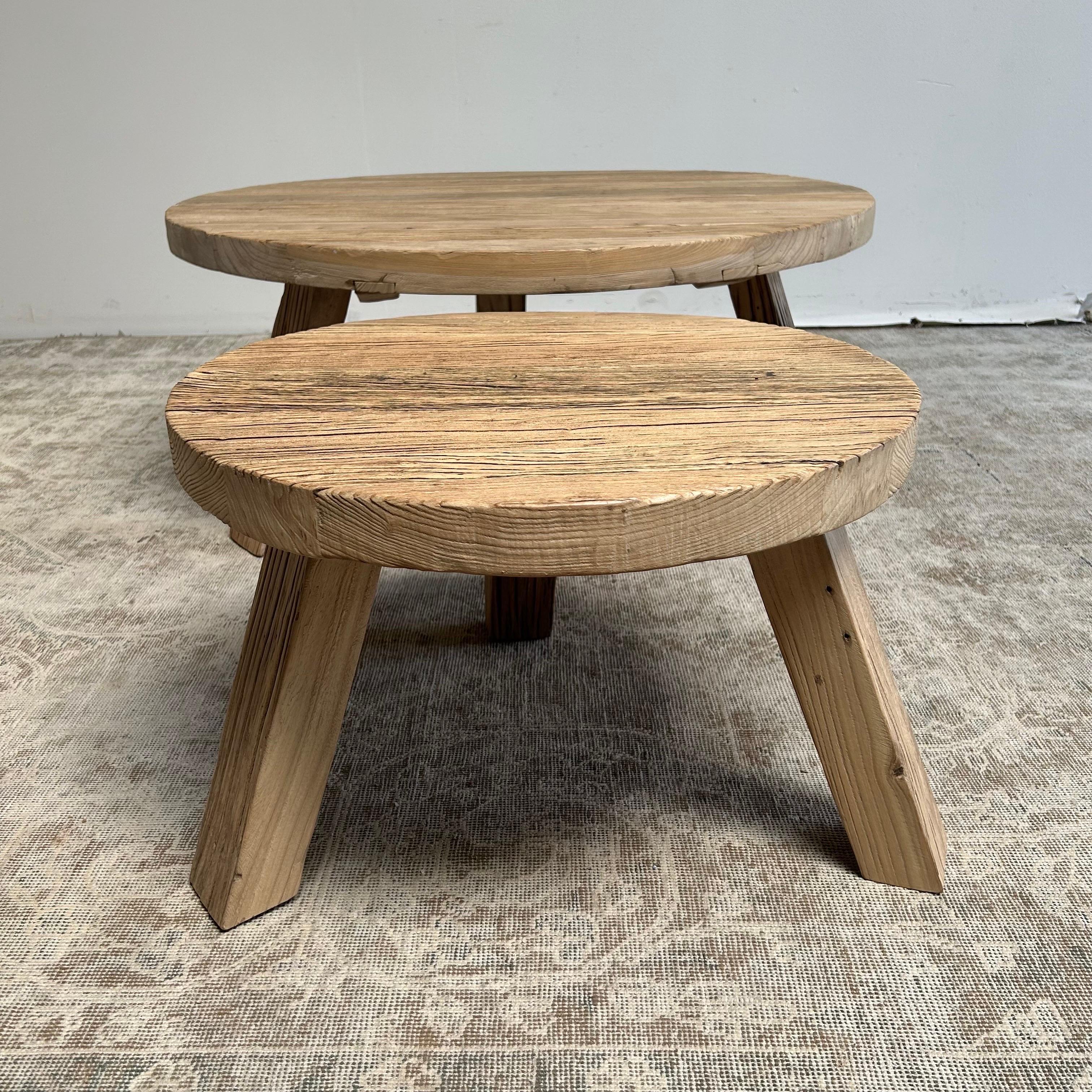 Reclaimed Round Elm Wood Coffee Table Set 4