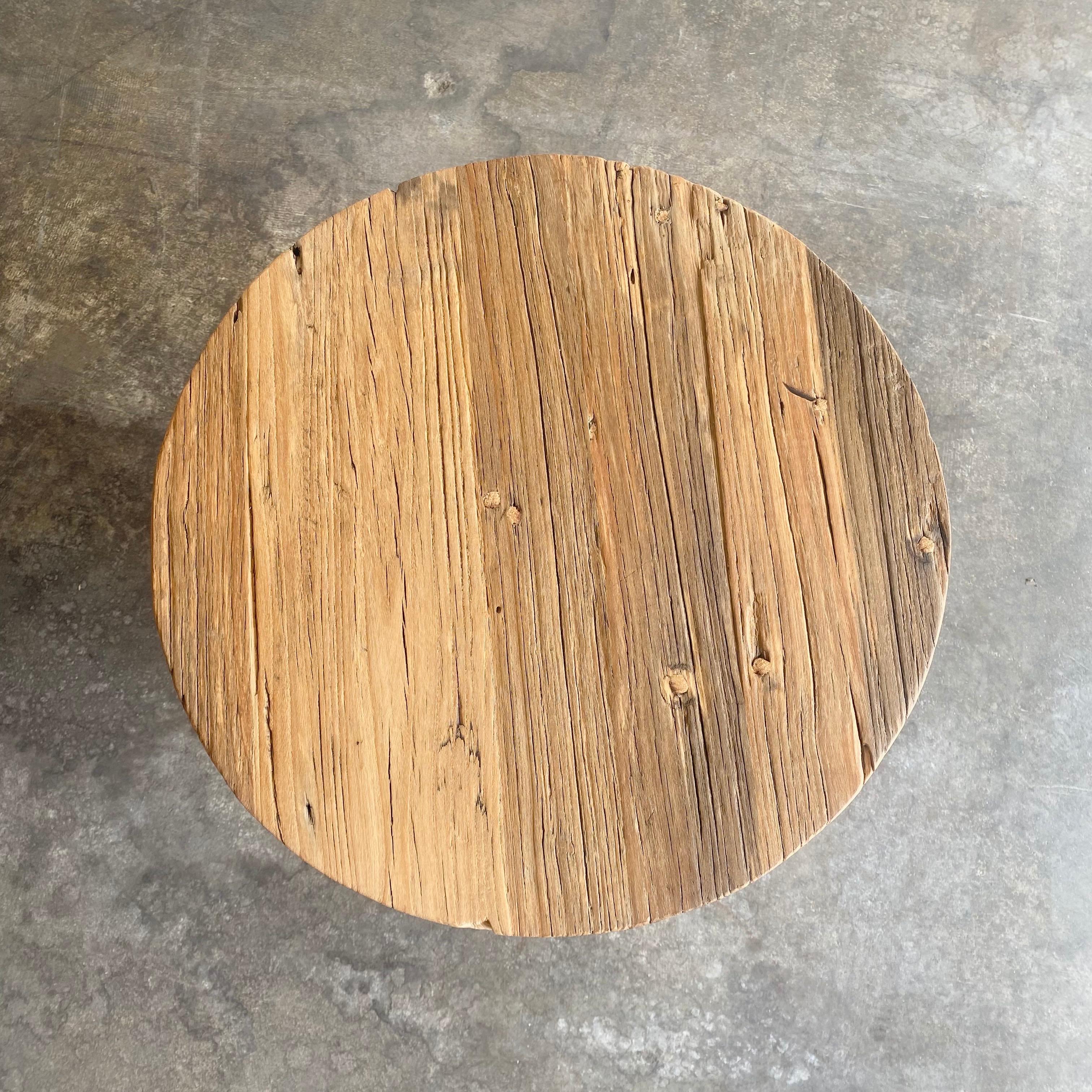 Reclaimed Round Elm Wood Side Table In New Condition In Brea, CA