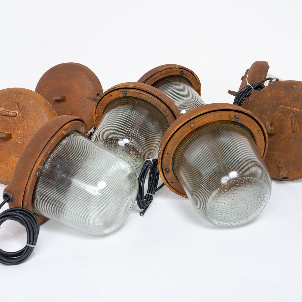Reclaimed Rusted Polish Industrial Pendant Lights With Prismatic Glass For Sale 10