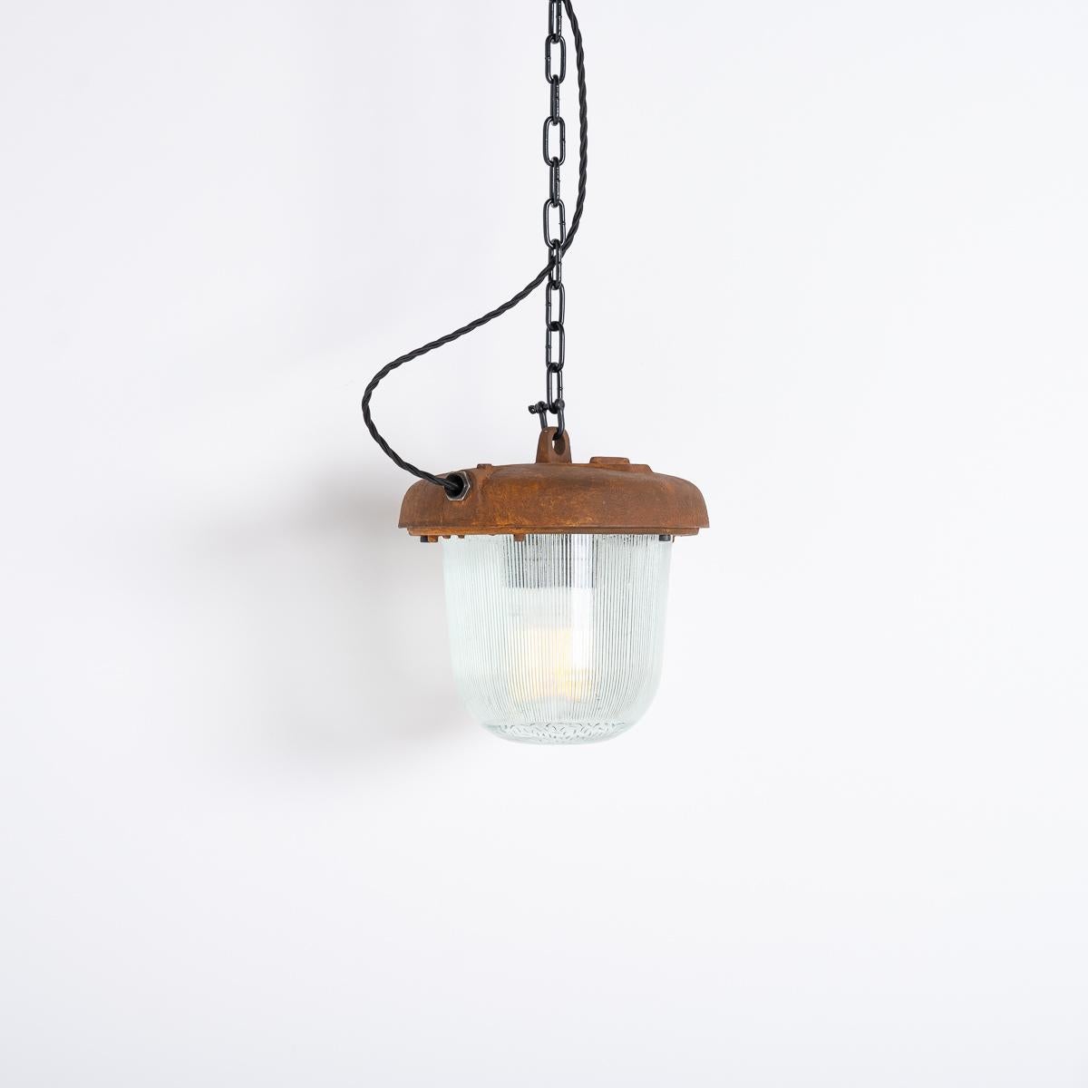 Czech Reclaimed Rusted Polish Industrial Pendant Lights With Prismatic Glass For Sale