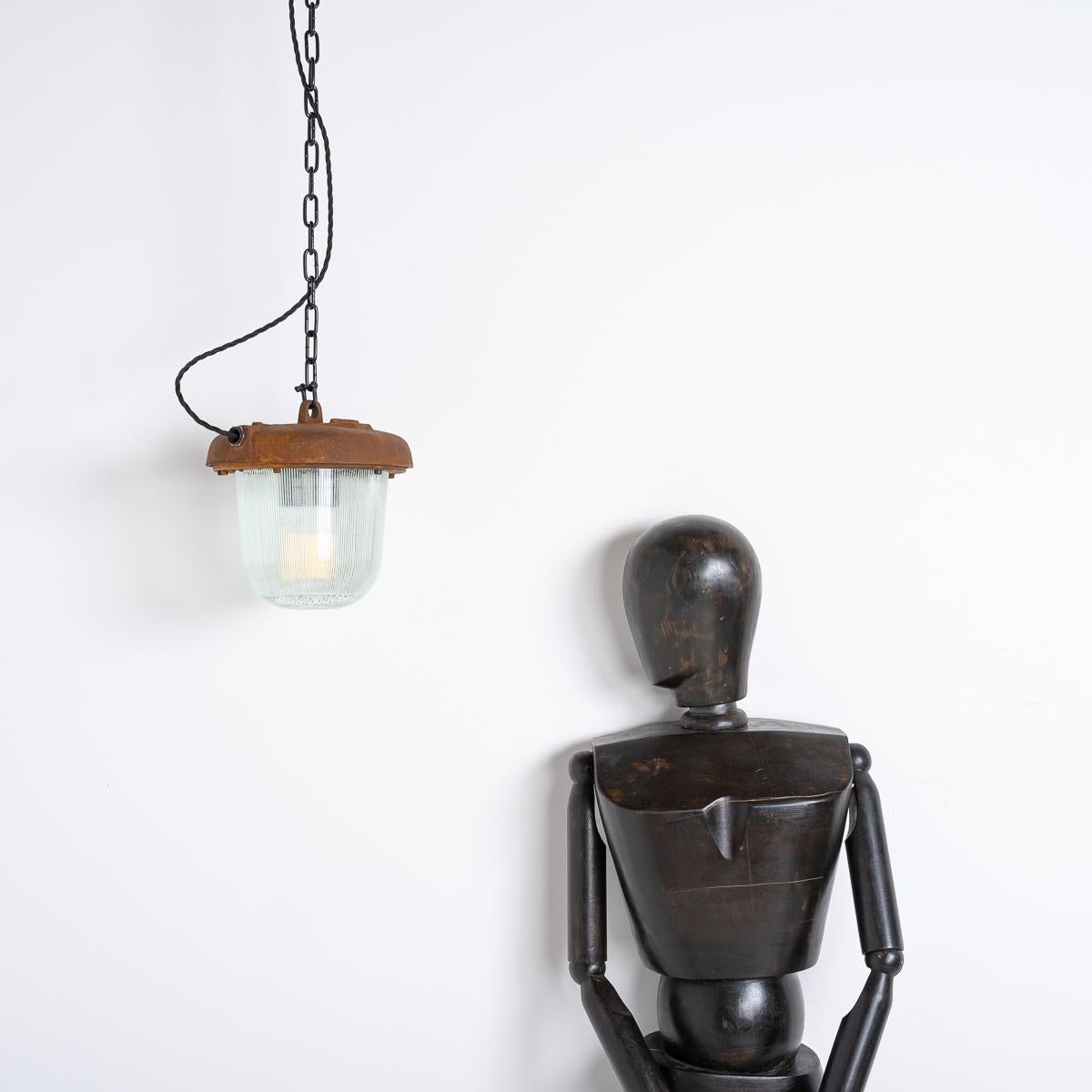 Steel Reclaimed Rusted Polish Industrial Pendant Lights With Prismatic Glass For Sale