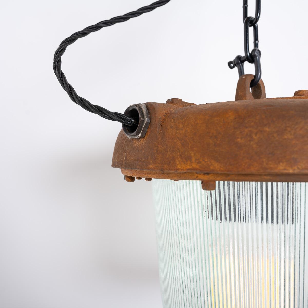 Reclaimed Rusted Polish Industrial Pendant Lights With Prismatic Glass For Sale 2