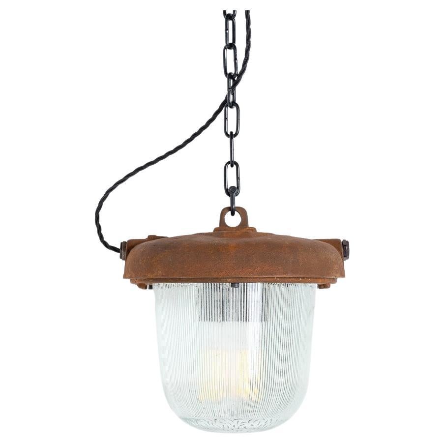 Reclaimed Rusted Polish Industrial Pendant Lights With Prismatic Glass For Sale