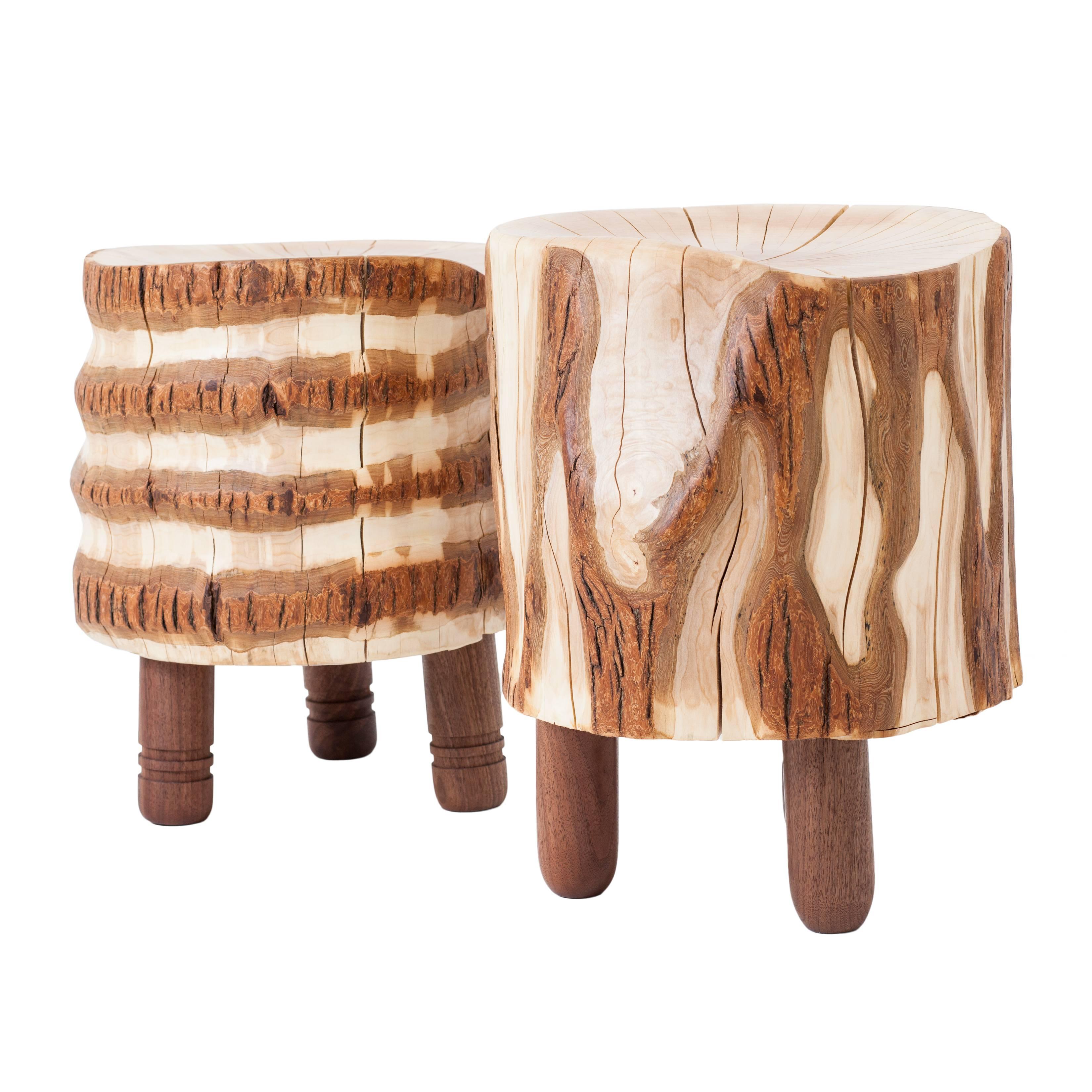 American Reclaimed Salvaged Hurricane Sandy Stump Stools with Hand-Turned Legs & Drawers
