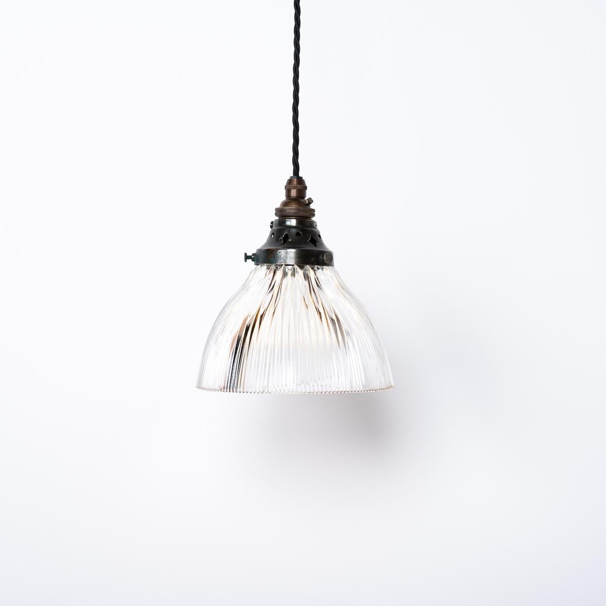 Hand-Crafted Reclaimed Small Antique Chapel Glass & Brass Pendant Lights by Holophane For Sale
