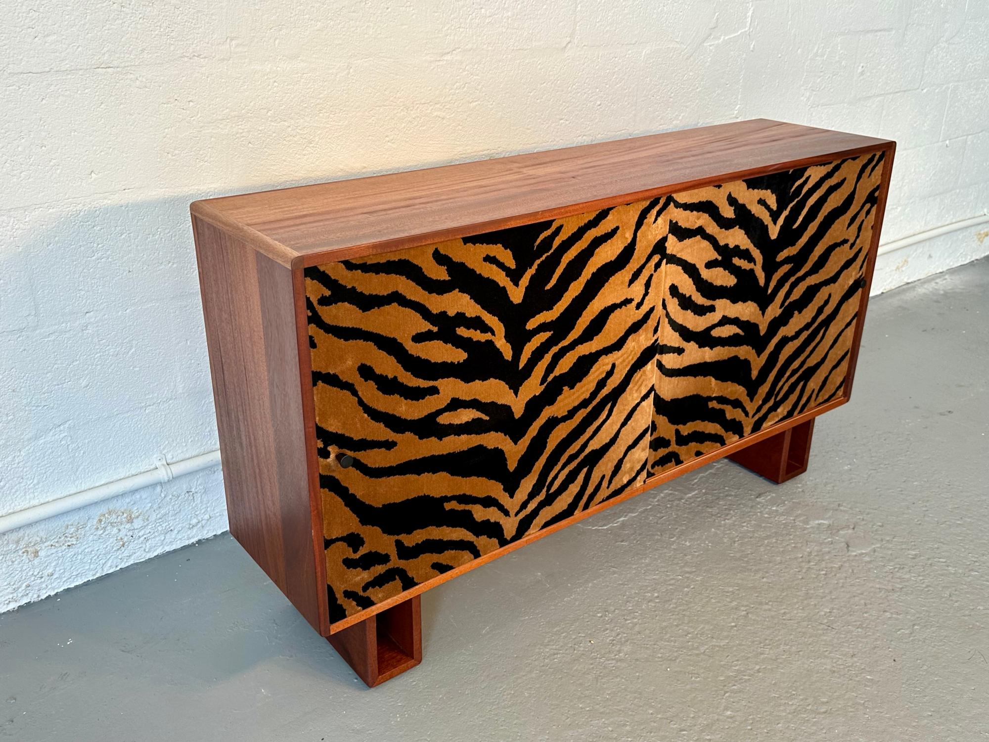 American Reclaimed Solid Mahogany Wood and Velvet Dresser, Handcrafted by Rafael Calvo For Sale