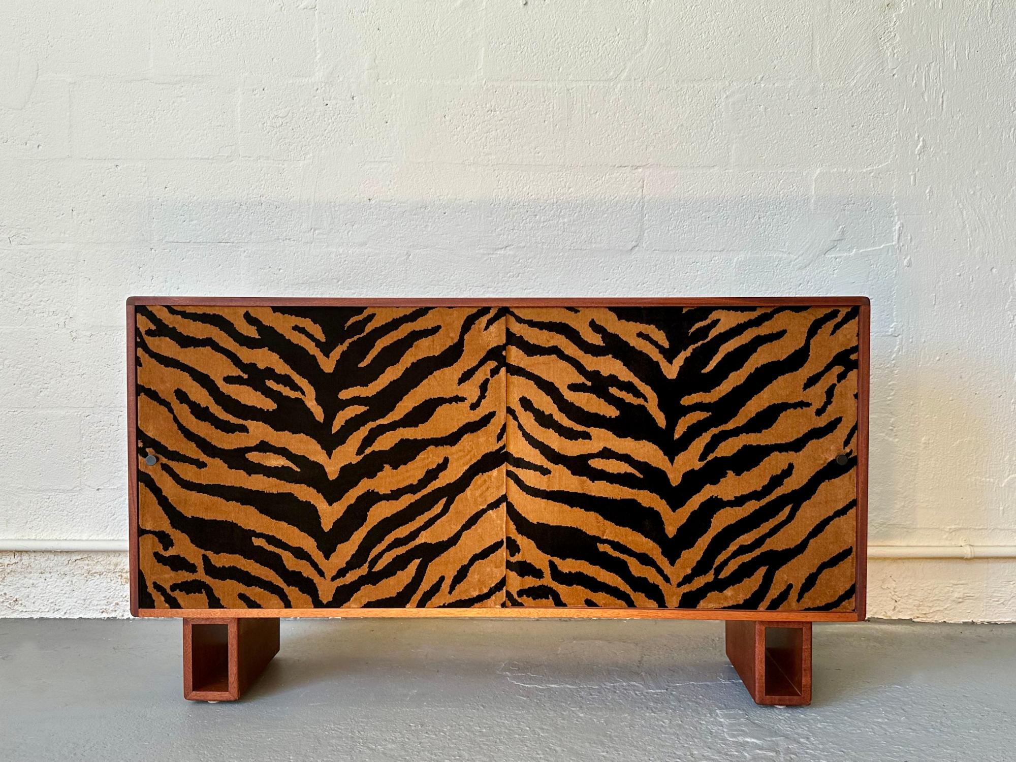 Contemporary Reclaimed Solid Mahogany Wood and Velvet Dresser, Handcrafted by Rafael Calvo For Sale