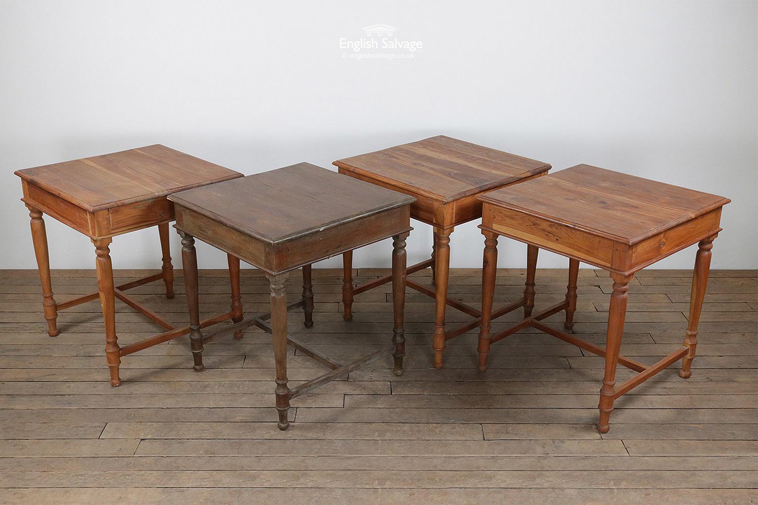 Reclaimed solid teak hardwood tables with H brace supports and nicely turned legs. Compact size so useful where space is limited. Ideal as two-seat tables in a small kitchen, café or bistro. Wood is a natural product, so each have their own