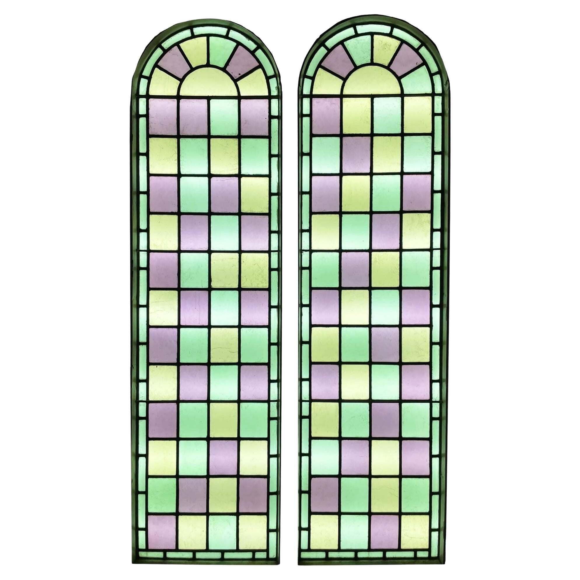 Reclaimed Stained Glass Arched Double Windows with Frame