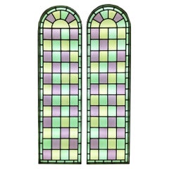 Vintage Reclaimed Stained Glass Arched Double Windows with Frame