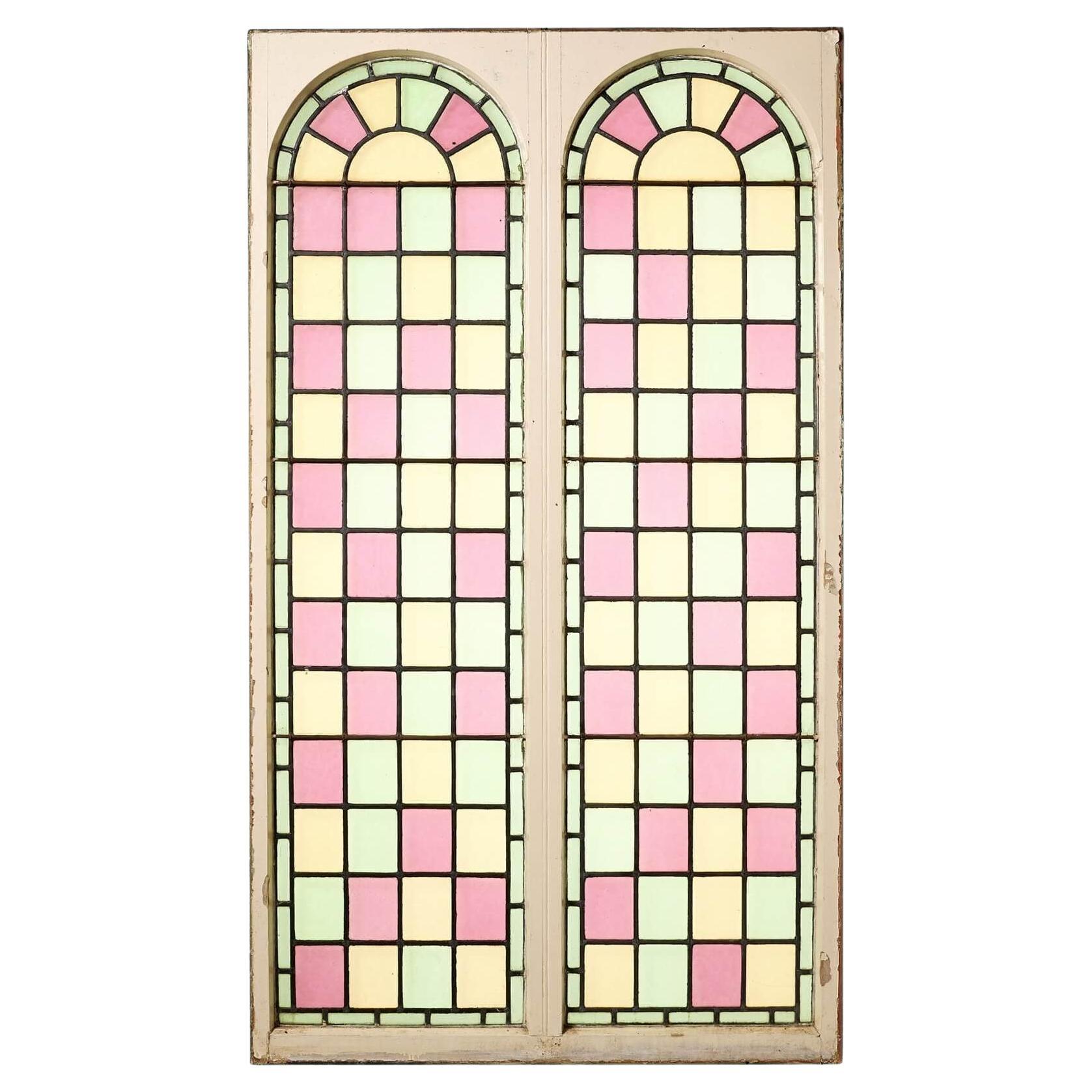 Finestre doppie ad arco con cornice in vetro Stained Glass recuperato