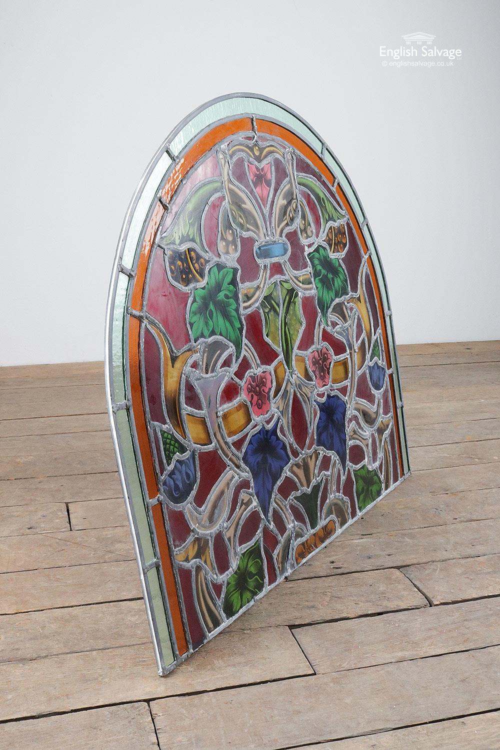 European Reclaimed Stained Glass Arched Panel, 20th Century For Sale