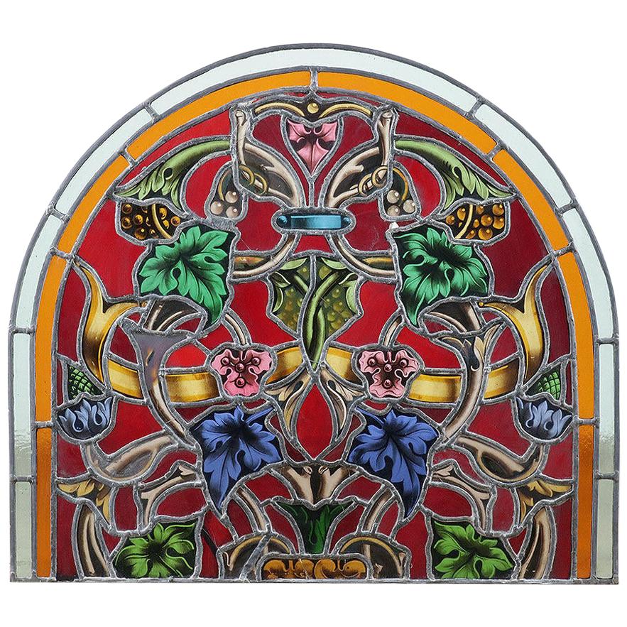 Reclaimed Stained Glass Arched Panel, 20th Century For Sale