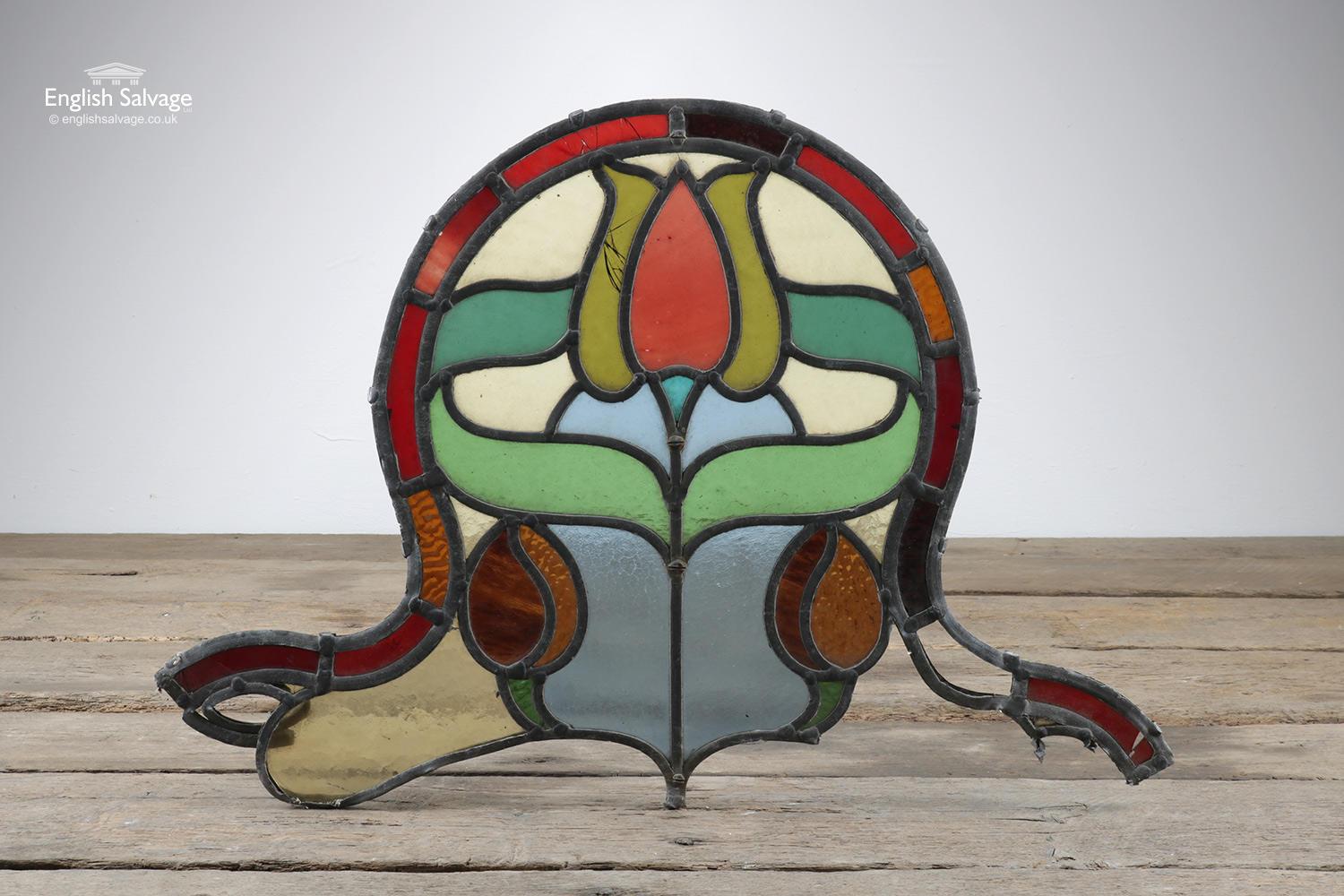 European Reclaimed Stained Glass Flower Arched Panel, 20th Century For Sale