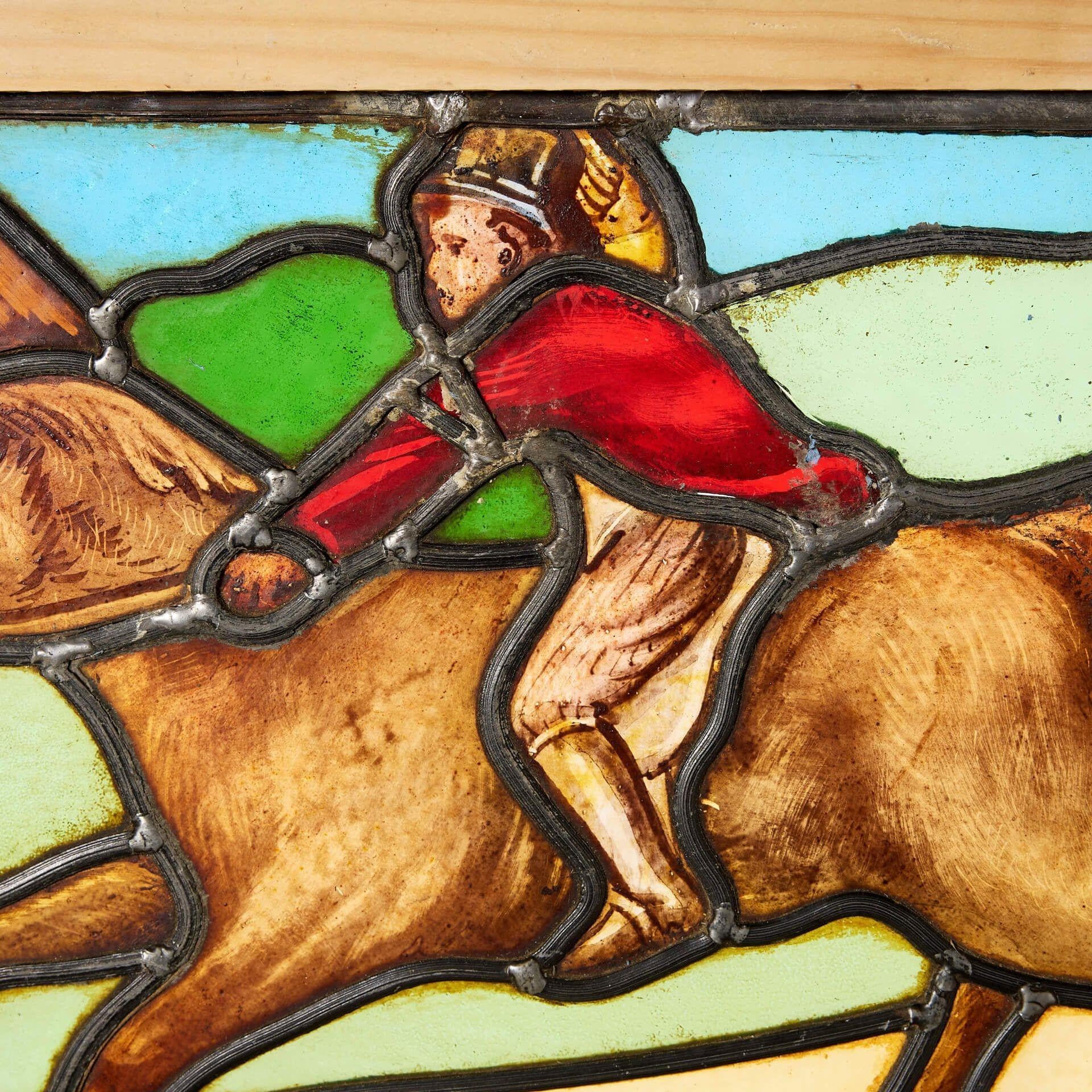 Edwardian Reclaimed Stained Glass Window Depicting a Horse Rider For Sale