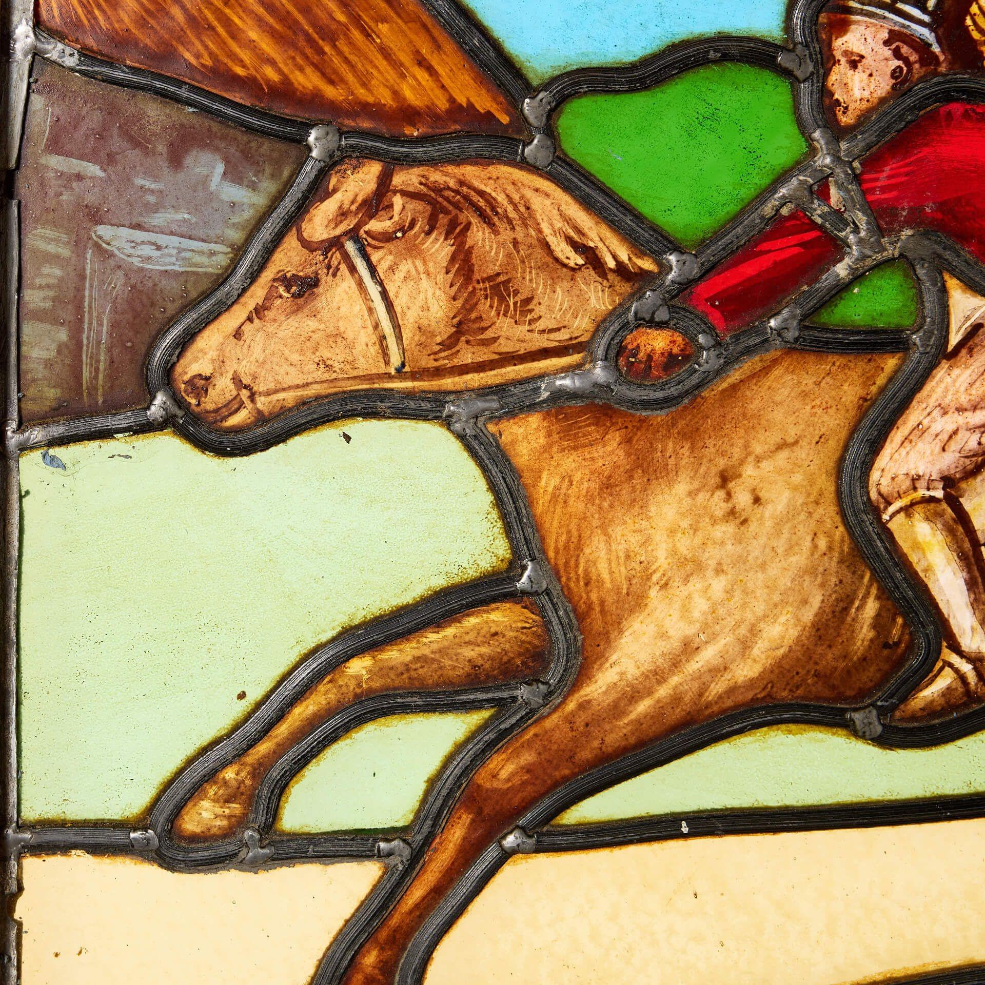 English Reclaimed Stained Glass Window Depicting a Horse Rider For Sale