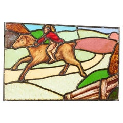 Antique Reclaimed Stained Glass Window Depicting a Horse Rider