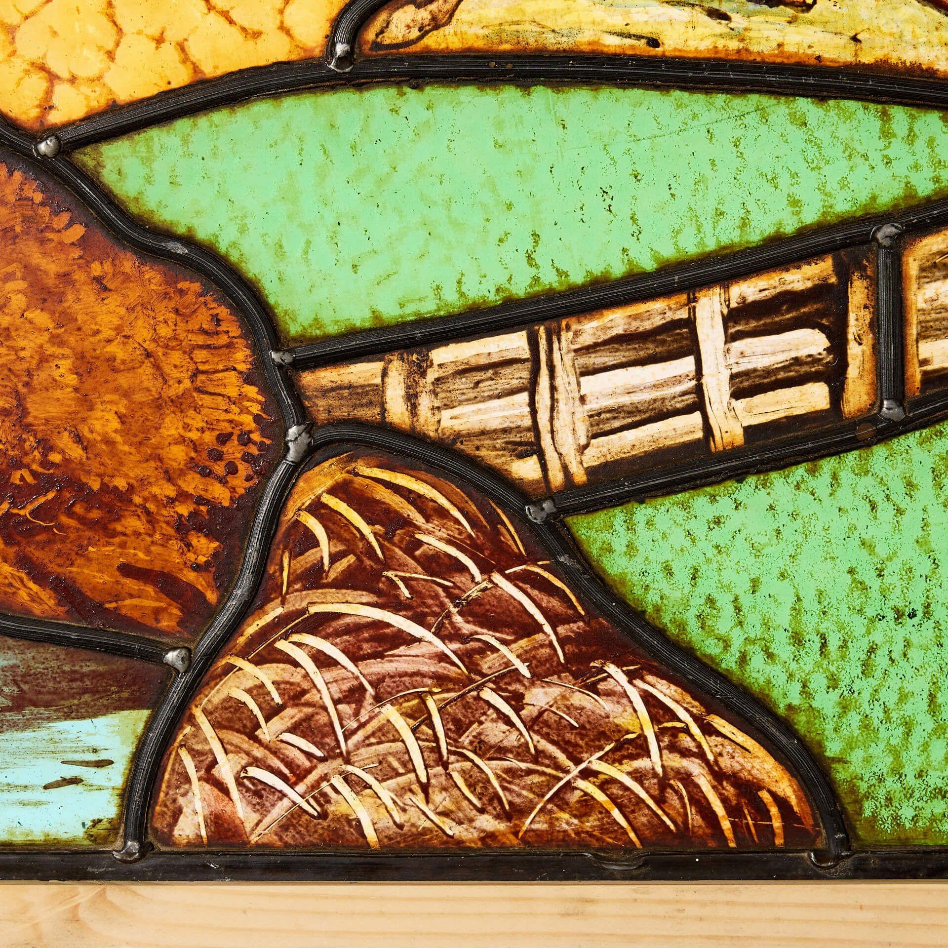 English Reclaimed Stained Glass Window Depicting Country Scene For Sale