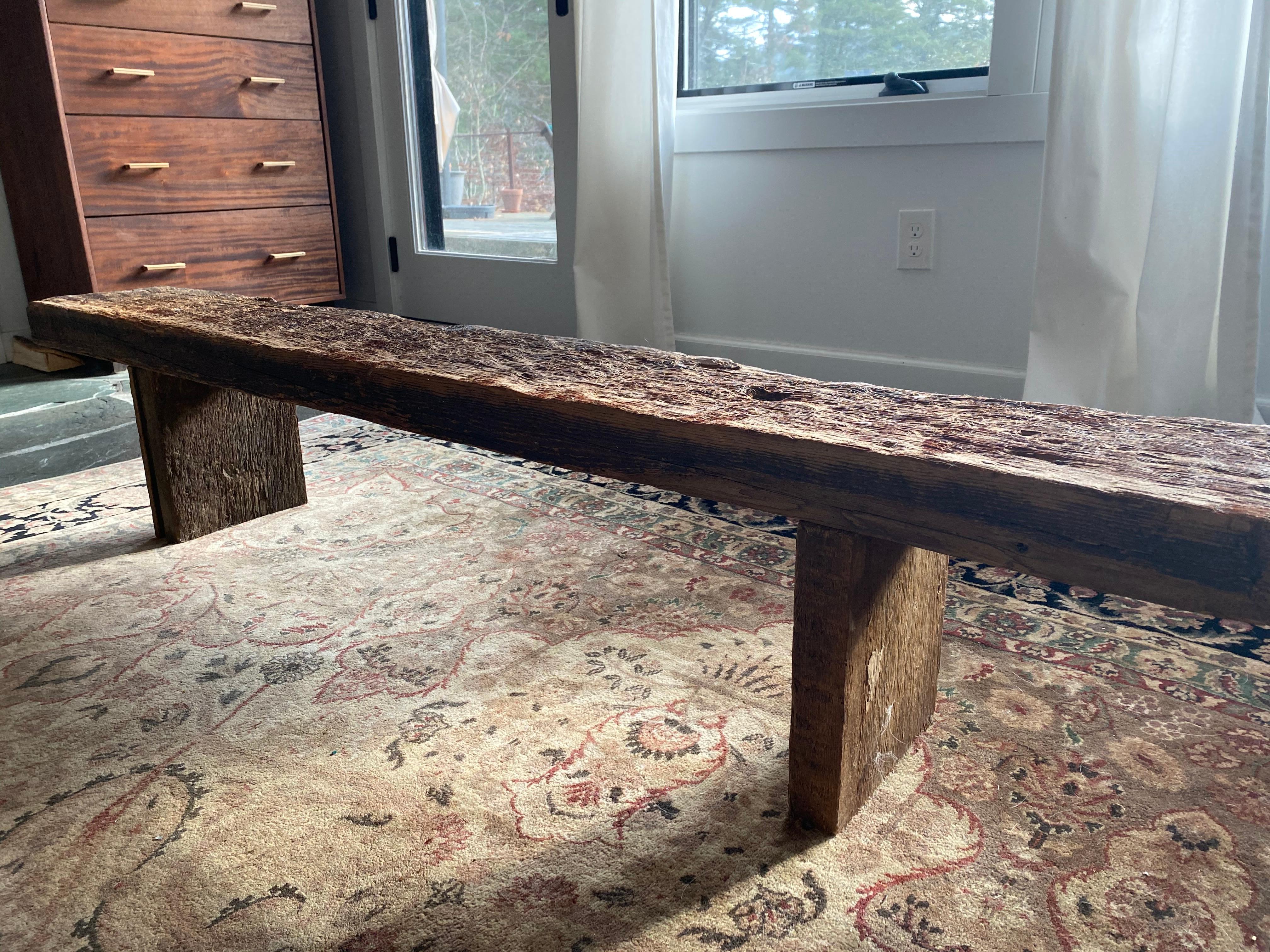 This bench is made from aged lumber pulled from a 16th century Pennsylvania Mennonite barn floor. Texture and color are left natural. Wire brushed to remove all splinters and oiled in order to highlight the woods natural patina.