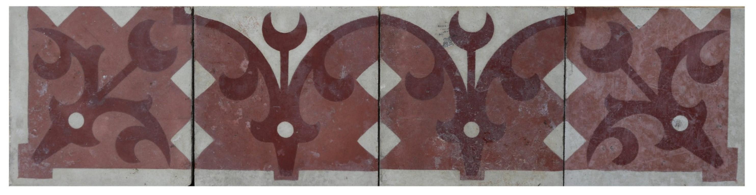A batch of 67 reclaimed encaustic cement border tiles including four corners. These tiles will cover 2.88 m2 or 31 sq. ft. They are suitable for use on floors or walls.

Weathered surfaces and small chips associated with transport and storage.