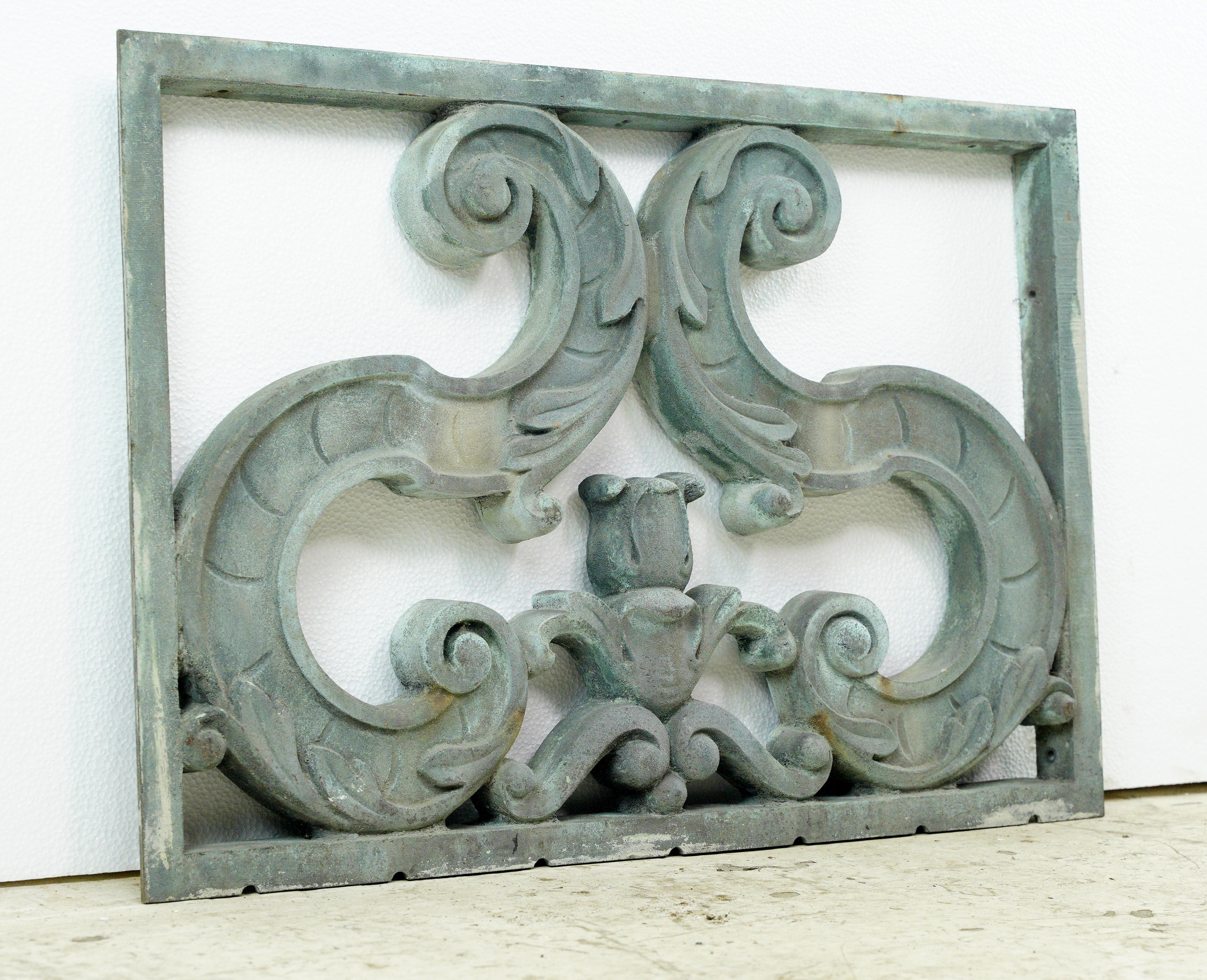 Enhance your exterior with this reclaimed verdigris cast bronze ornamental panel. It's weathered charm and intricate design add a unique and timeless accent to any architectural project or garden space. This is in great condition, with a light green