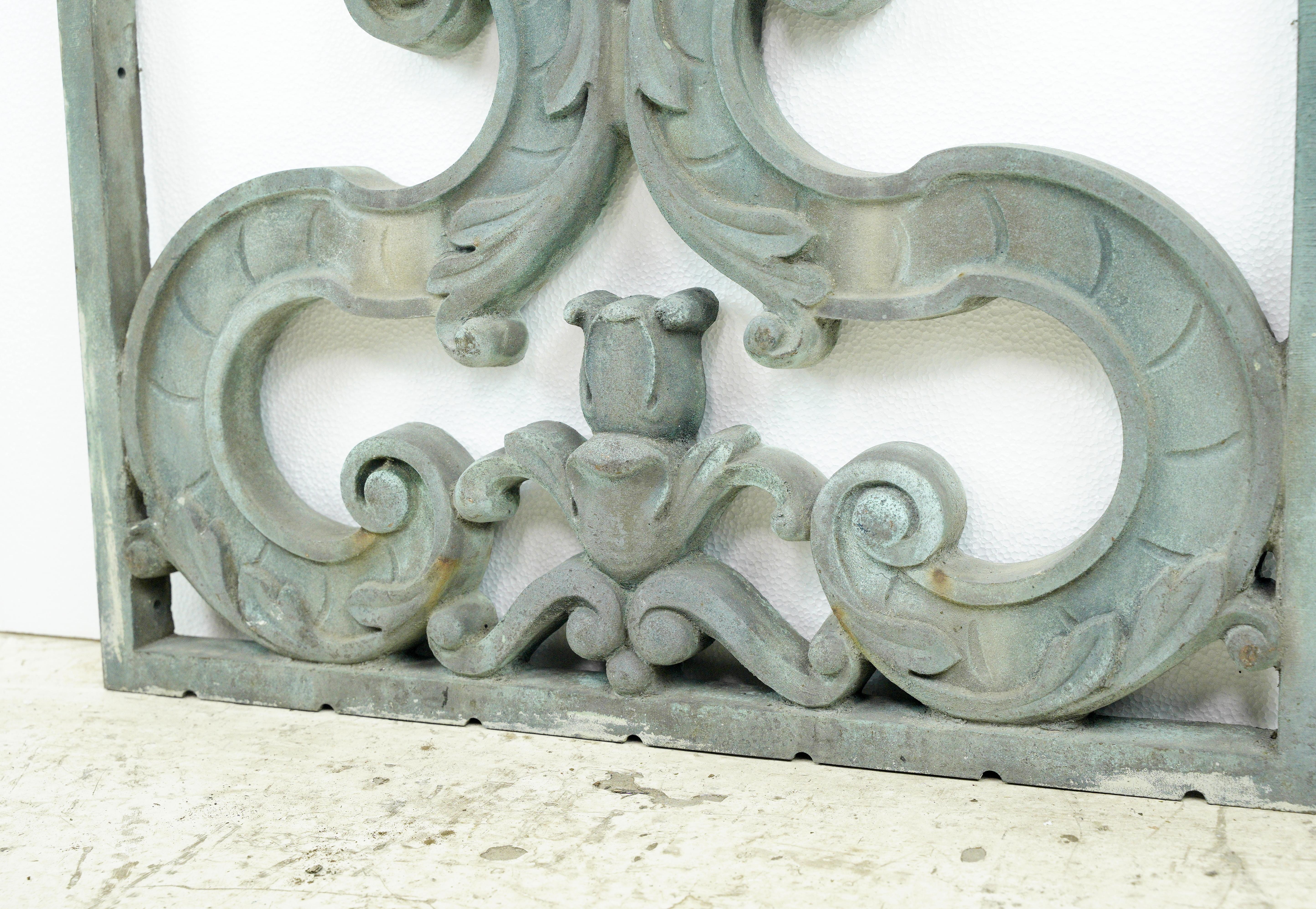 20th Century Reclaimed Verdigris Cast Bronze Exterior Panel For Sale