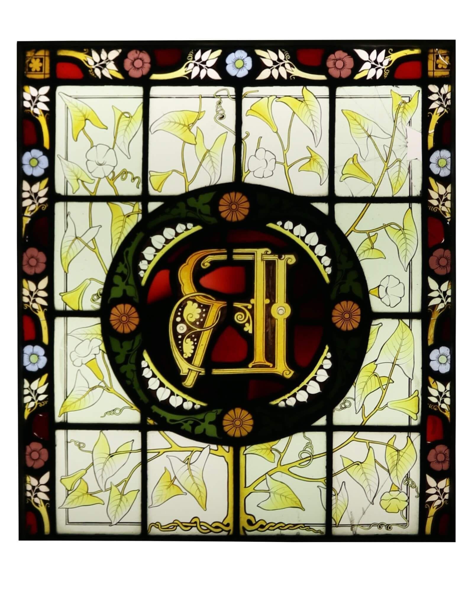 Reclaimed Victorian Leaded Glass Window with Monogram In Fair Condition For Sale In Wormelow, Herefordshire