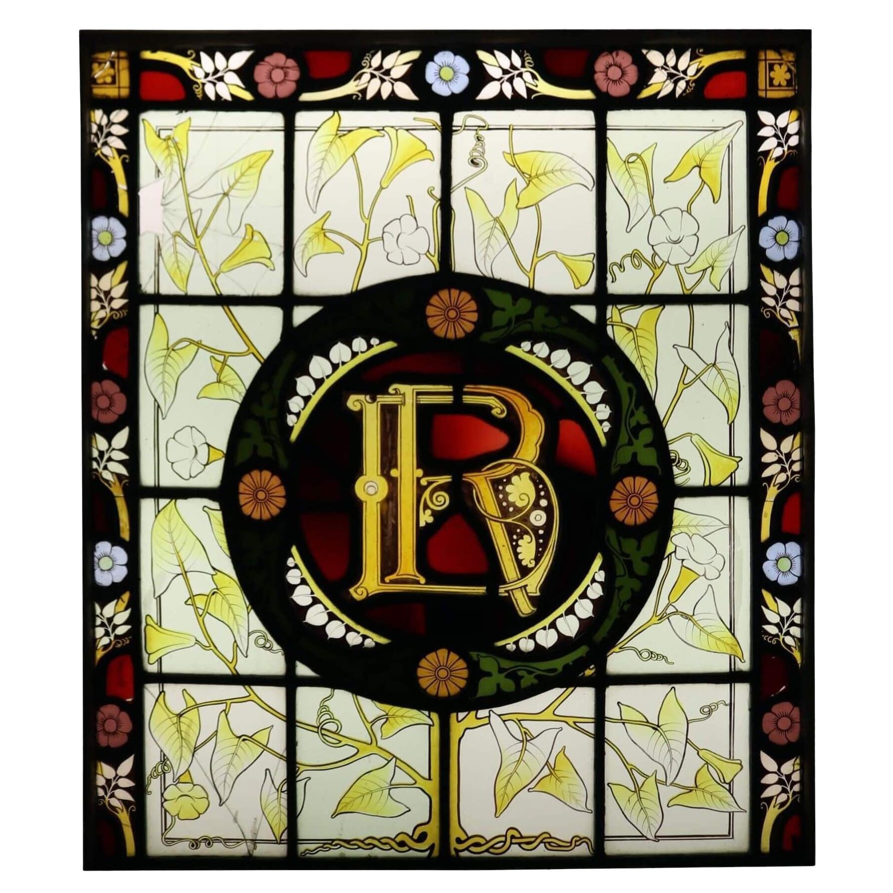 Reclaimed Victorian Leaded Glass Window with Monogram For Sale