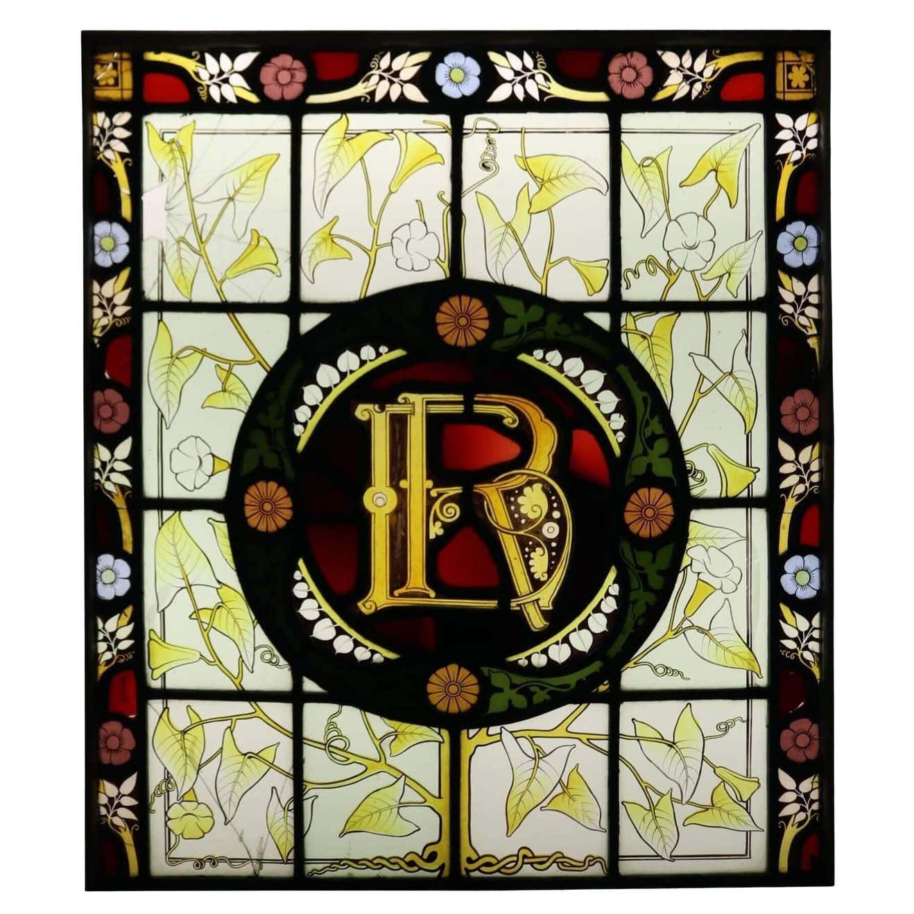 Window Monogram Reclaimed Victorian Leaded Glass Window with Monogram For Sale at 1stDibs