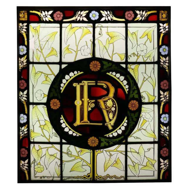 Antique Victorian Stained Glass Window with Monogram For Sale at 1stDibs