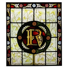 Vintage Reclaimed Victorian Leaded Glass Window with Monogram
