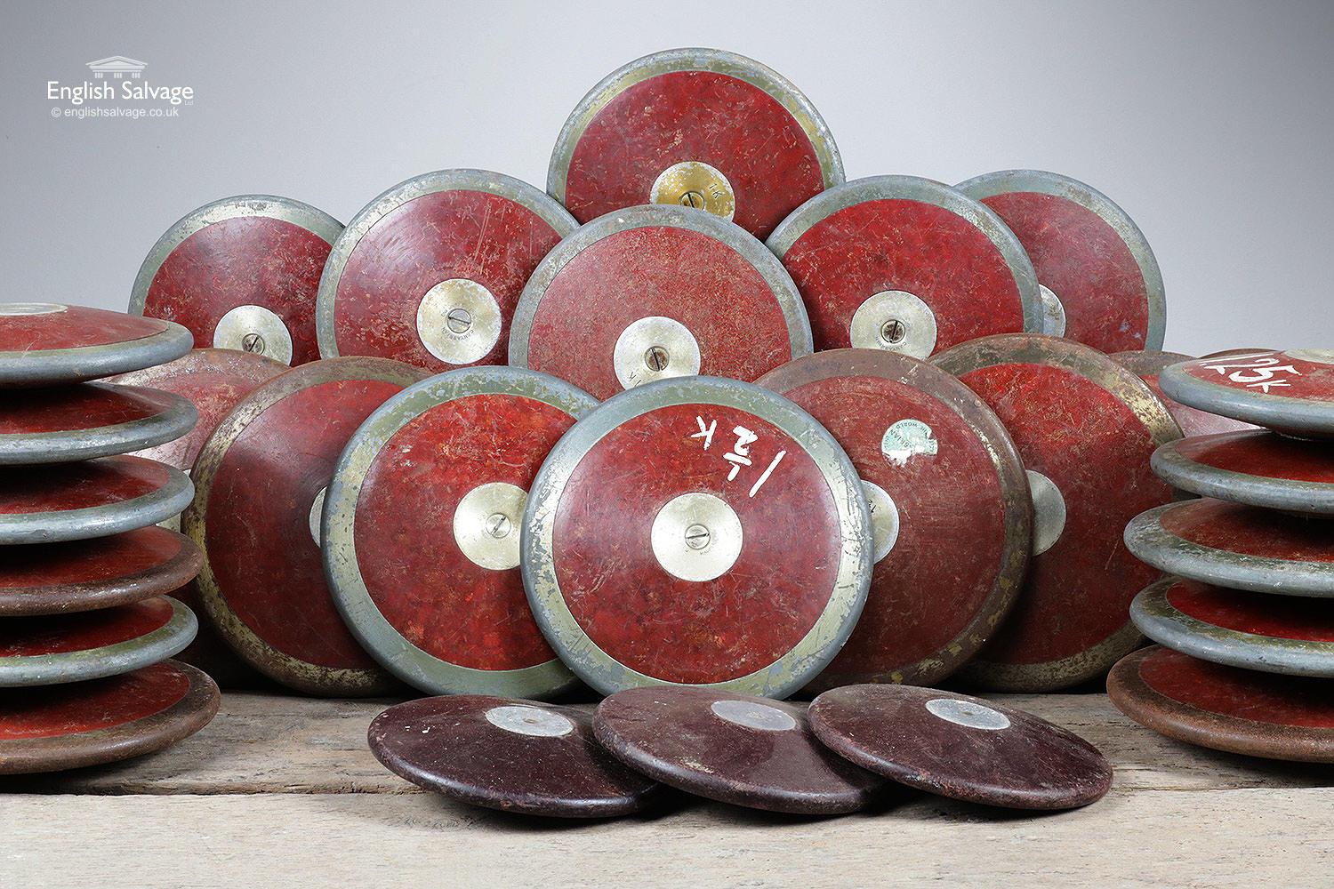 Reclaimed vintage discus. The size of most of the discus is stated below, a few are smaller at 16cm diameter as weights of the discus vary. In total we have x 3 1.75 kg, x 8 1.5 kg, x 4 1.25 kg, x 8 1 kg and x 3 0.75 kg. Scuffs and scratches to all.