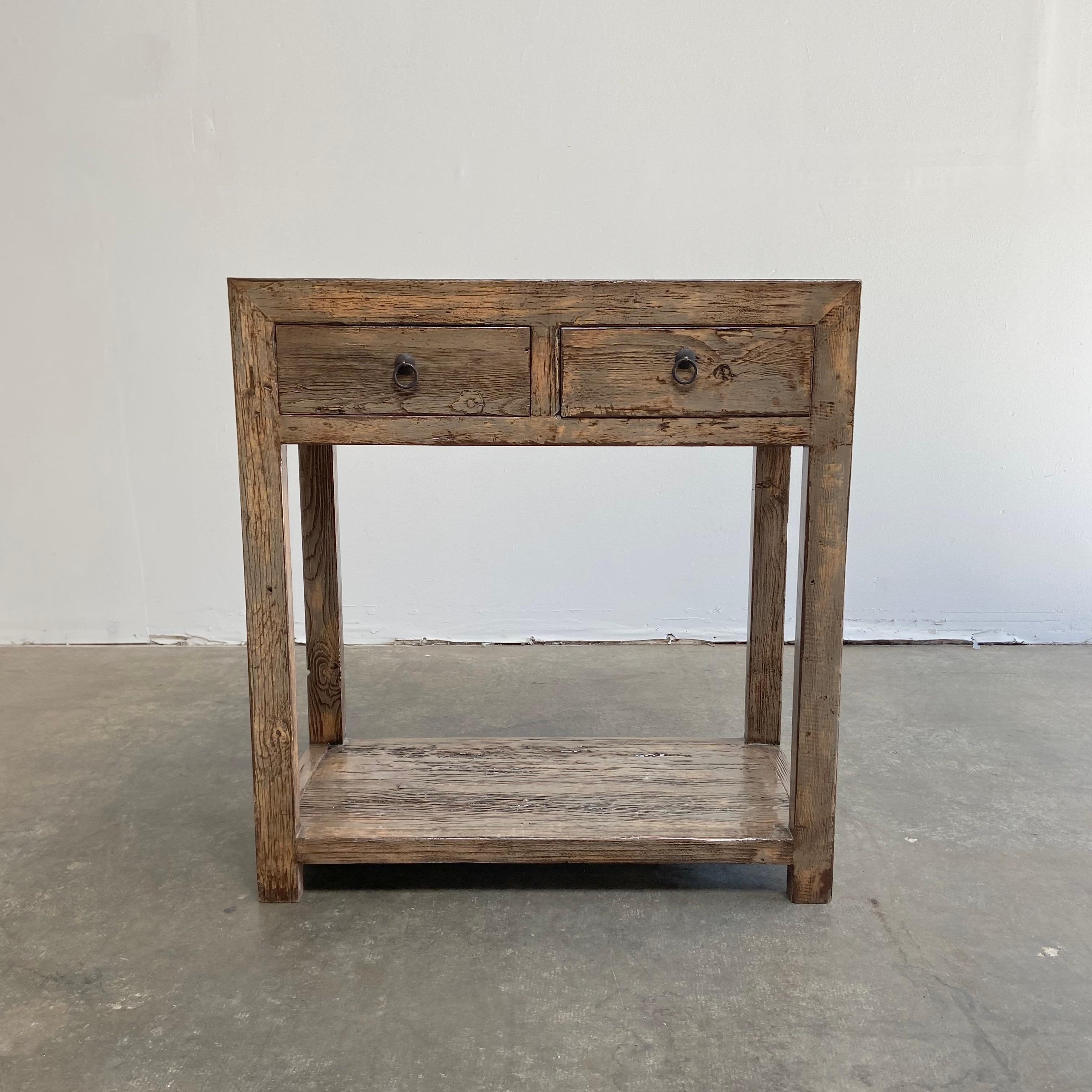 Reclaimed Vintage Elm Wood Console Table with 2 Drawers For Sale 1