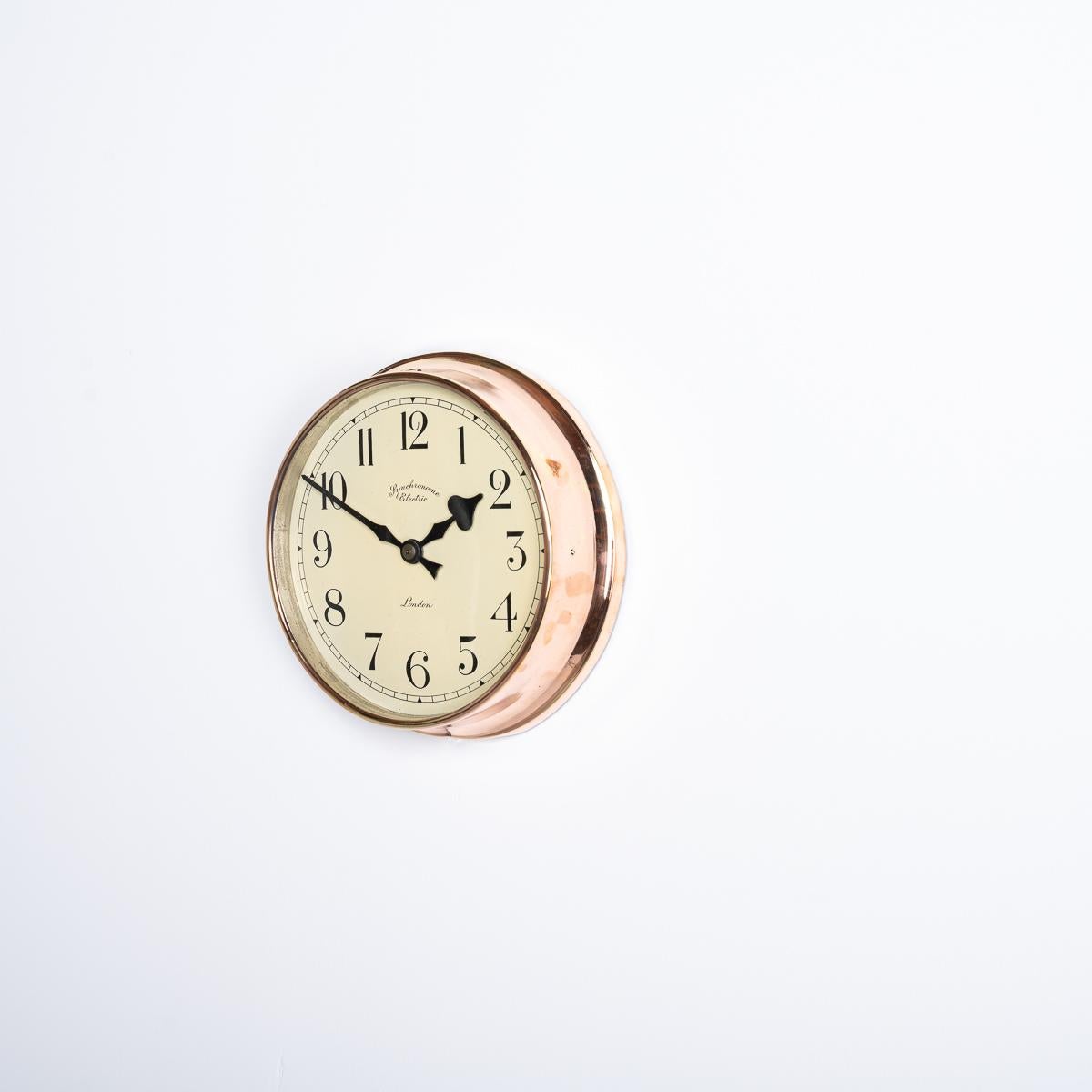 Reclaimed Vintage Polished Copper Factory Wall Clock By Synchronome In Good Condition In Nottingham, GB