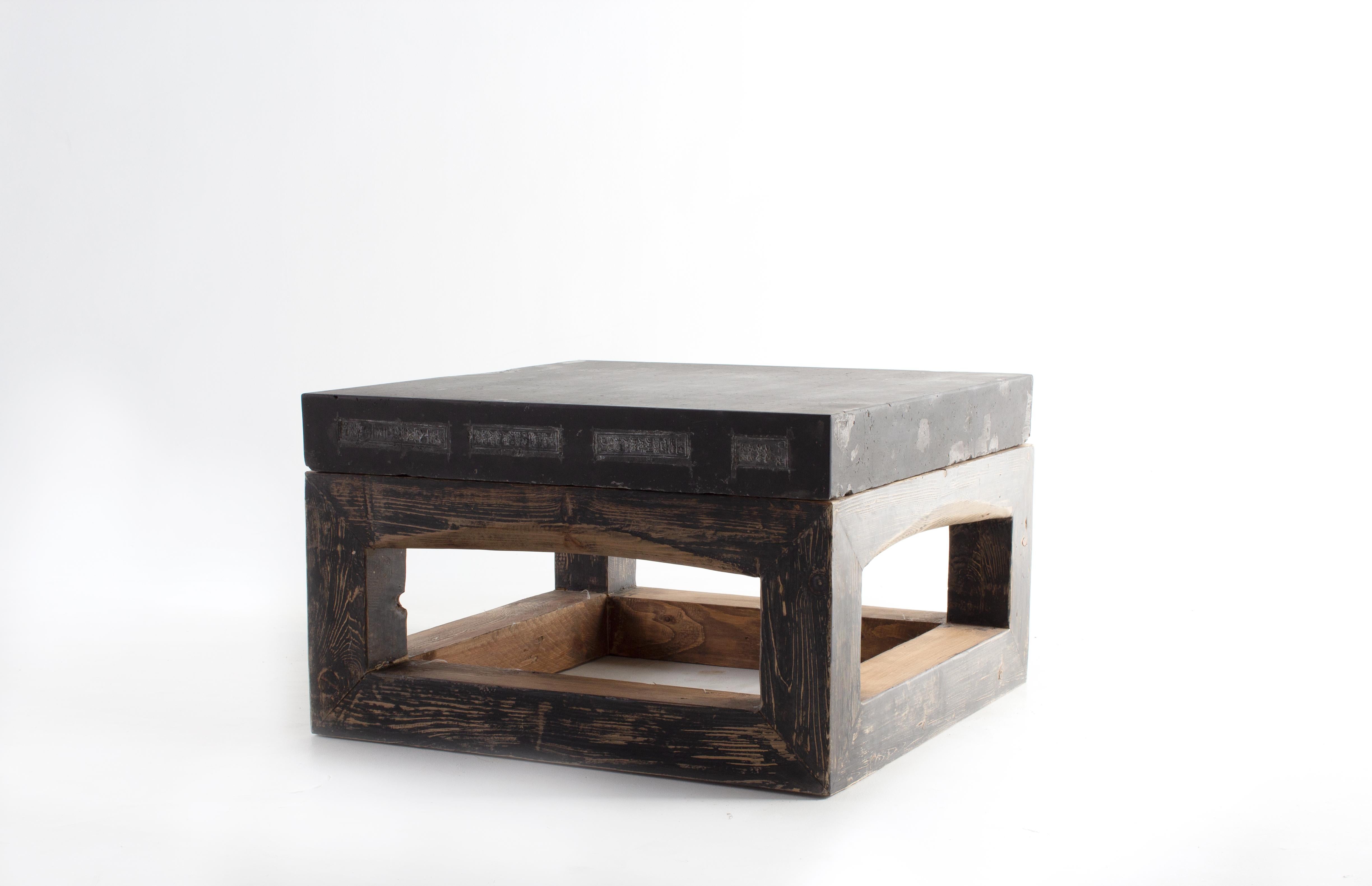 Reclaimed weathered wood end table on an elm base with a blue stone table top. 

Piece from our one-of-a-kind collection, Le Monde. Exclusive to Brendan Bass. 

Globally curated by Brendan Bass, Le Monde furniture and accessories offer modern