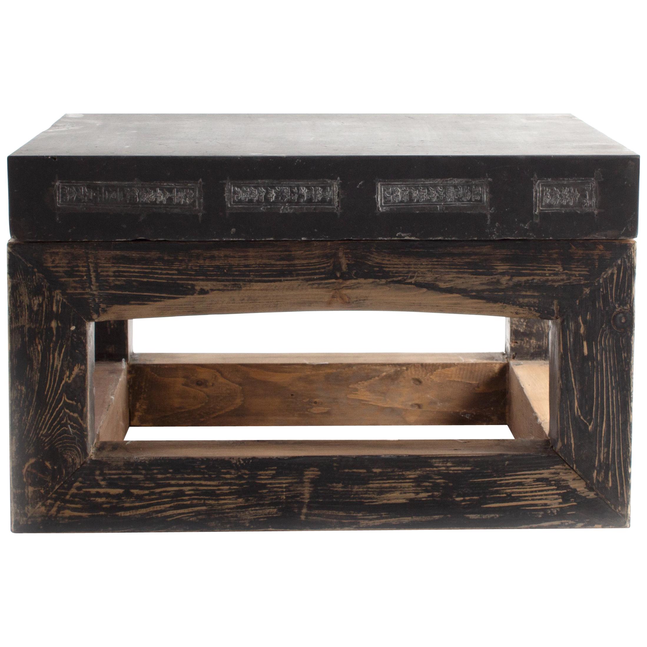 Reclaimed Weathered Elm Base with Blue Stone Table Top, End Table For