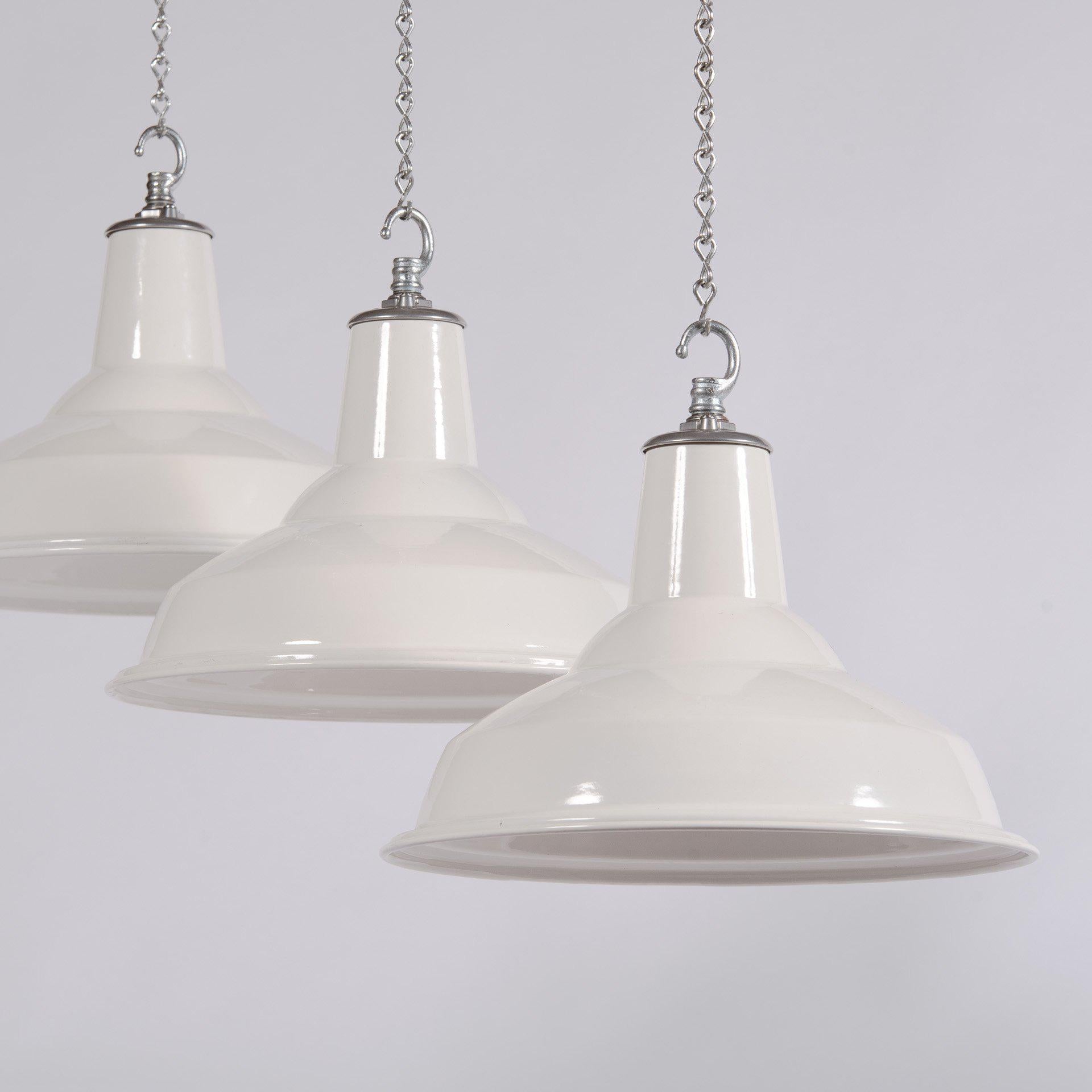 20th Century Reclaimed White Enamel Industrial Pendants by Benjamin Electric For Sale