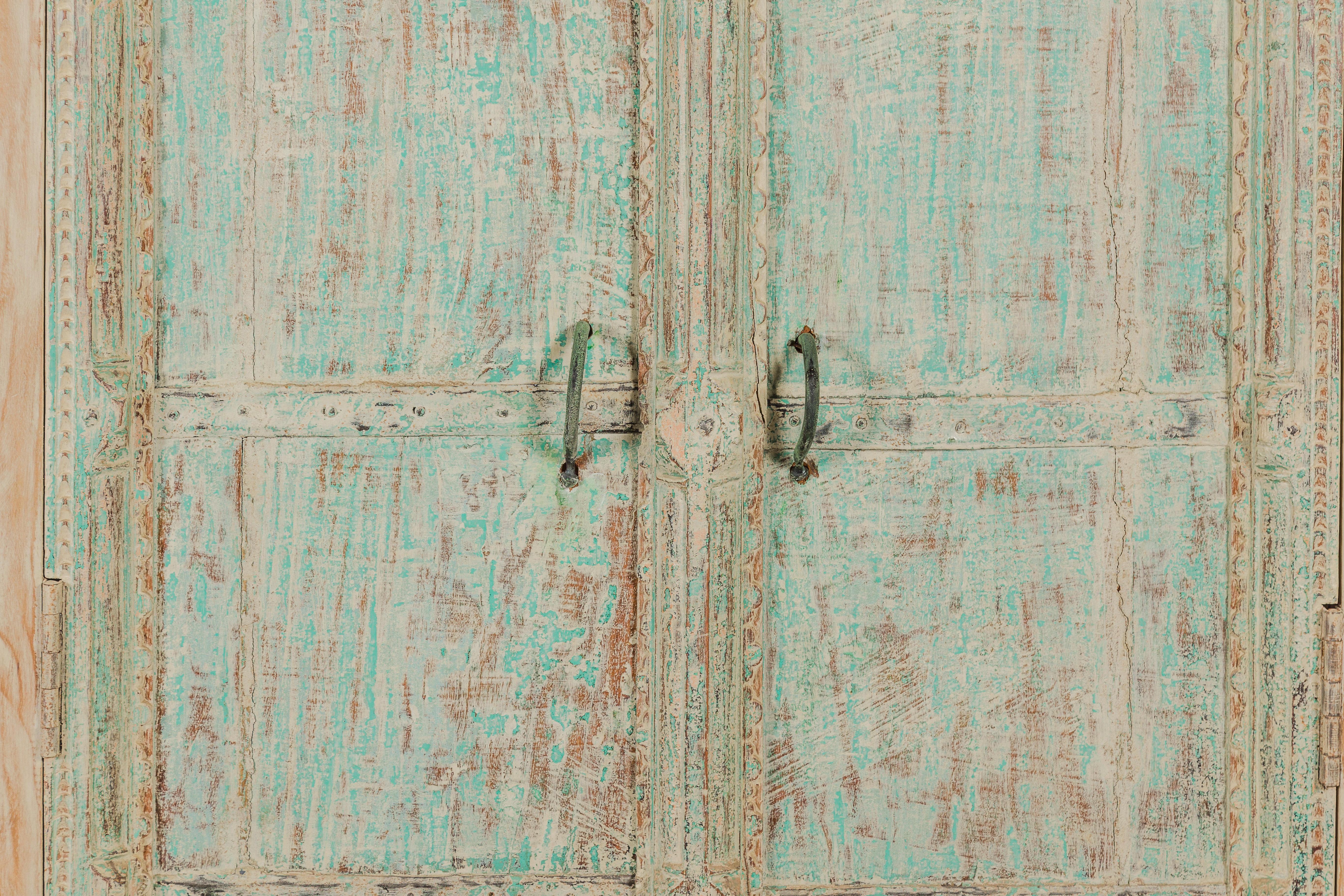 Reclaimed Wood Almirah Armoire with Weathered Green Patina and Three Shelves  For Sale 4