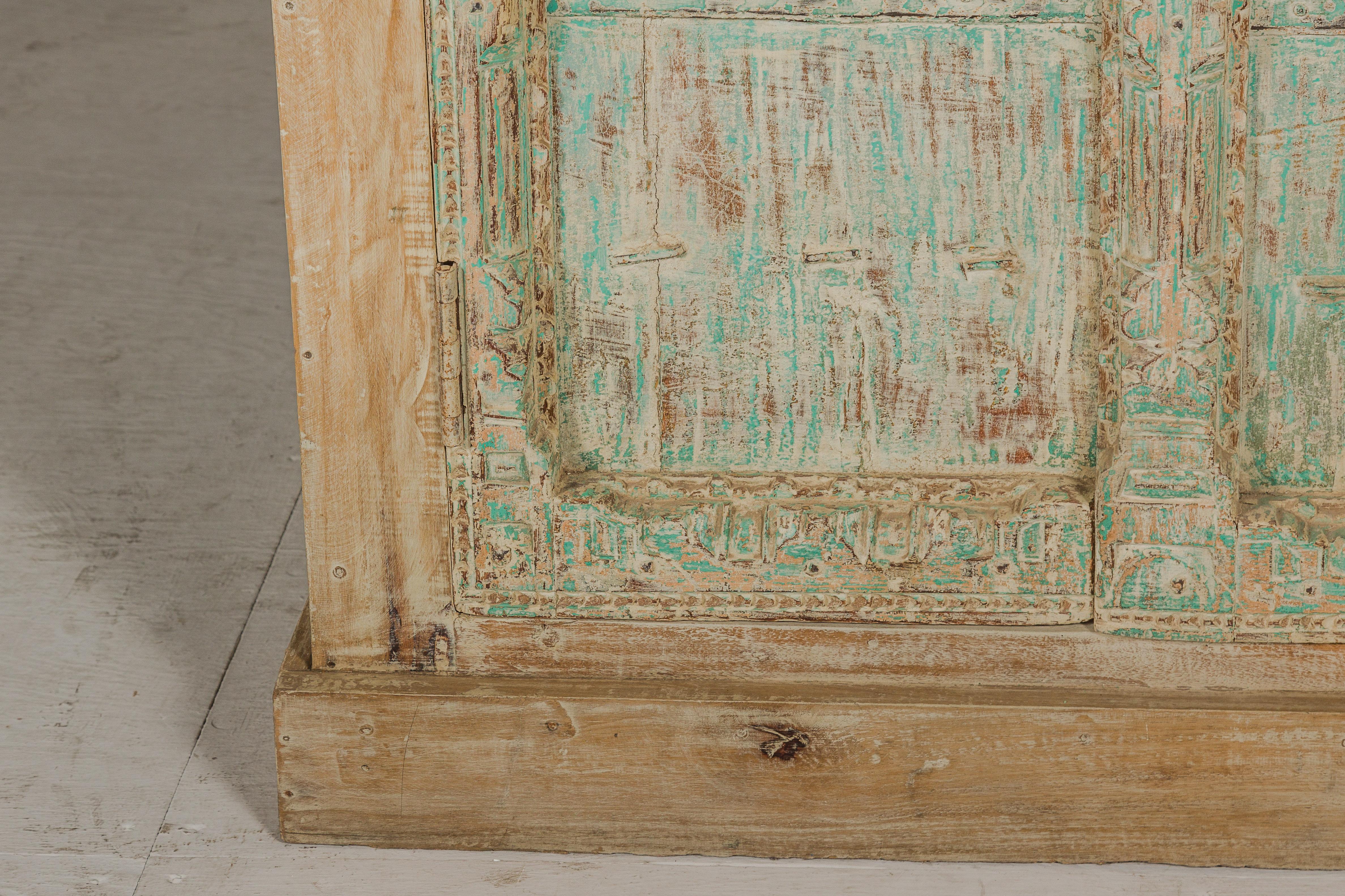 Reclaimed Wood Almirah Armoire with Weathered Green Patina and Three Shelves  For Sale 5