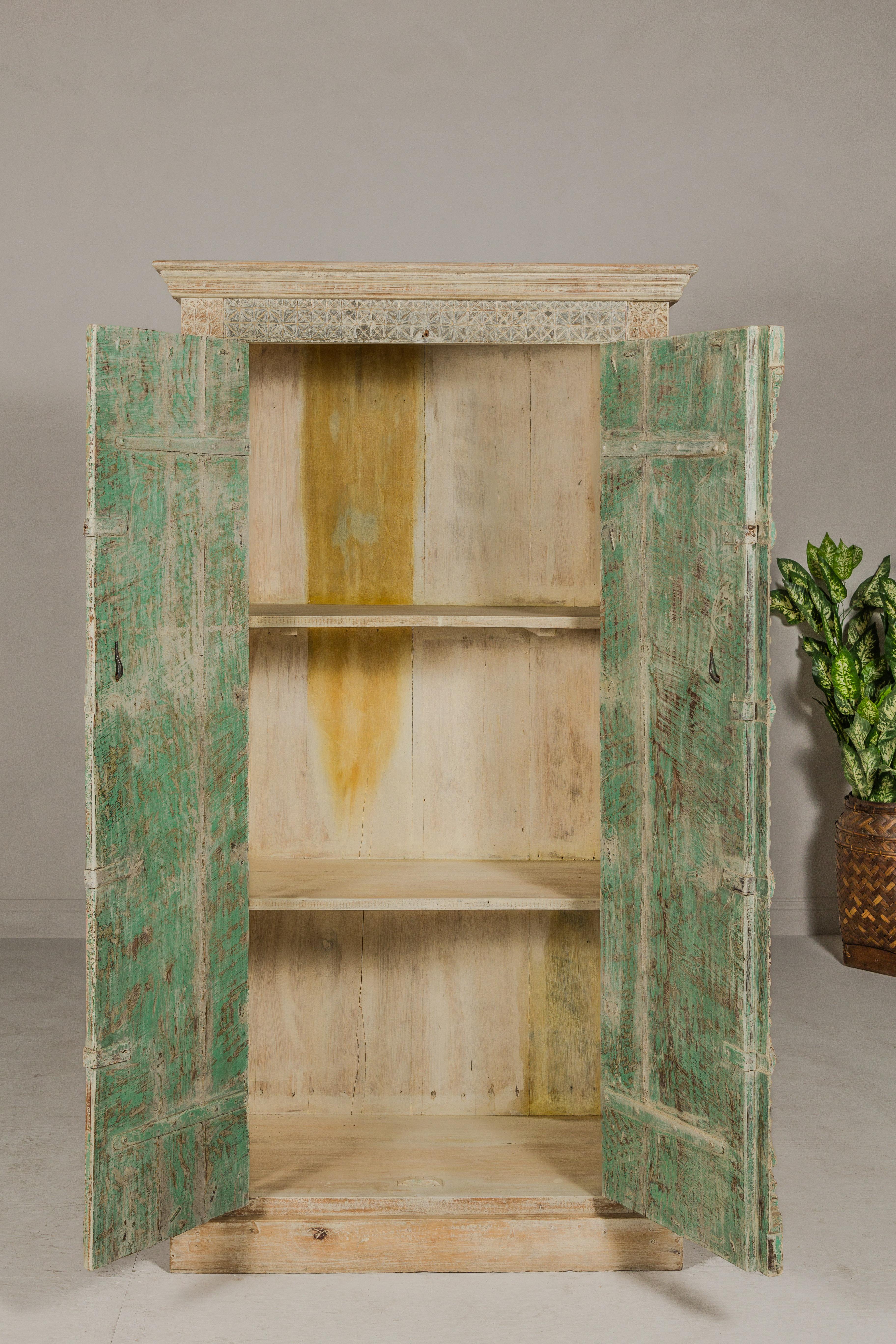 Reclaimed Wood Almirah Armoire with Weathered Green Patina and Three Shelves  For Sale 8