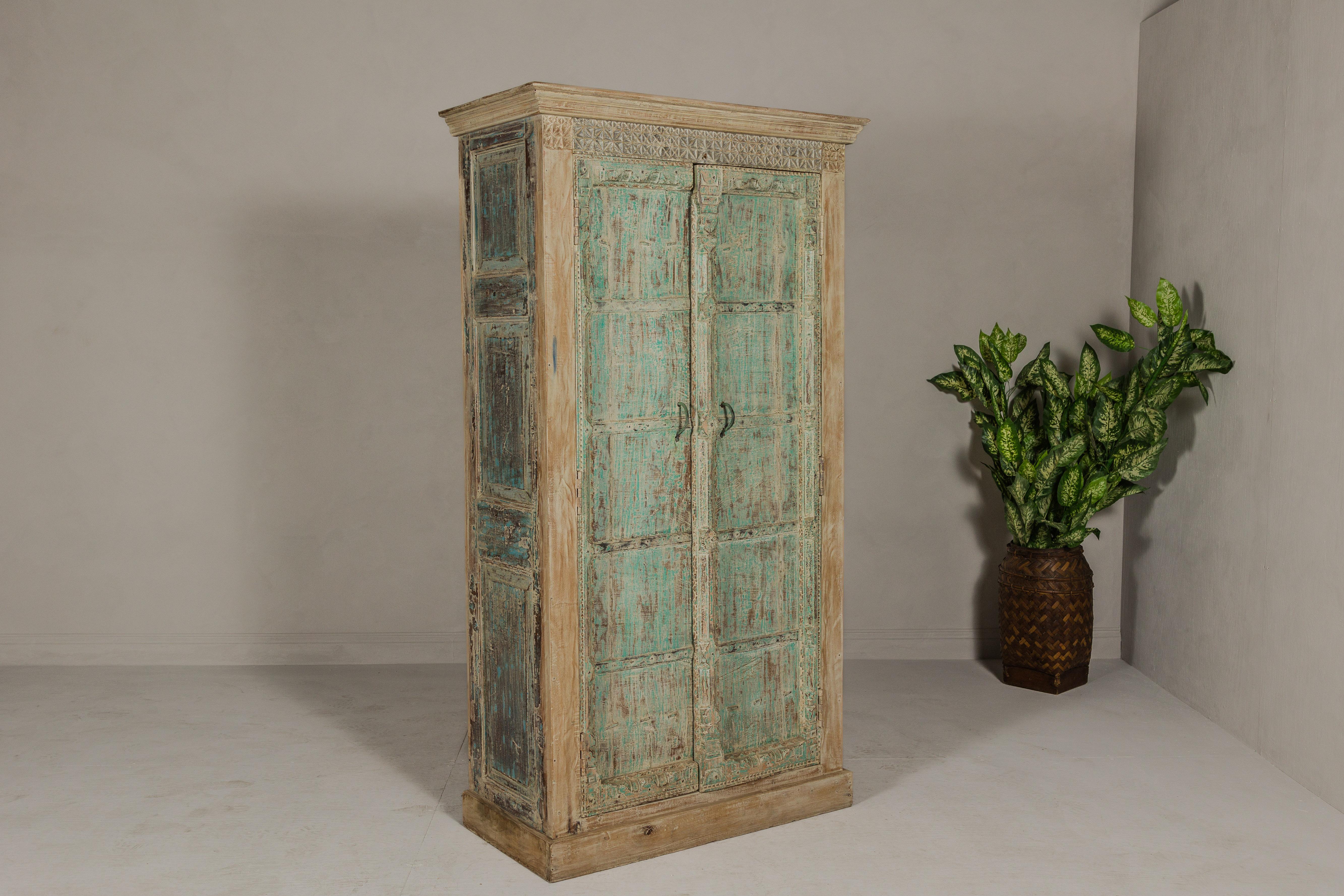 Reclaimed Wood Almirah Armoire with Weathered Green Patina and Three Shelves  For Sale 9