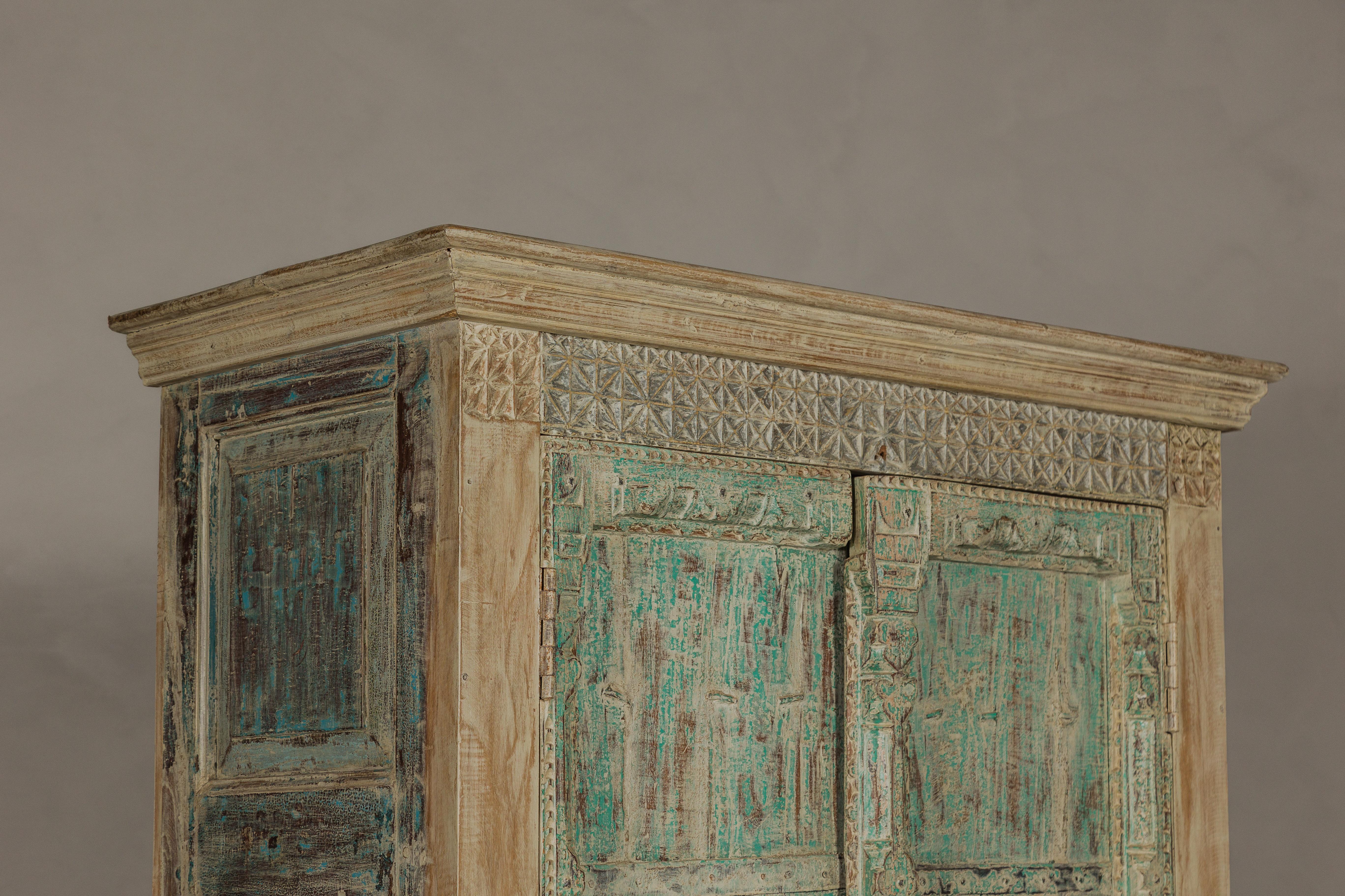 Reclaimed Wood Almirah Armoire with Weathered Green Patina and Three Shelves  For Sale 10