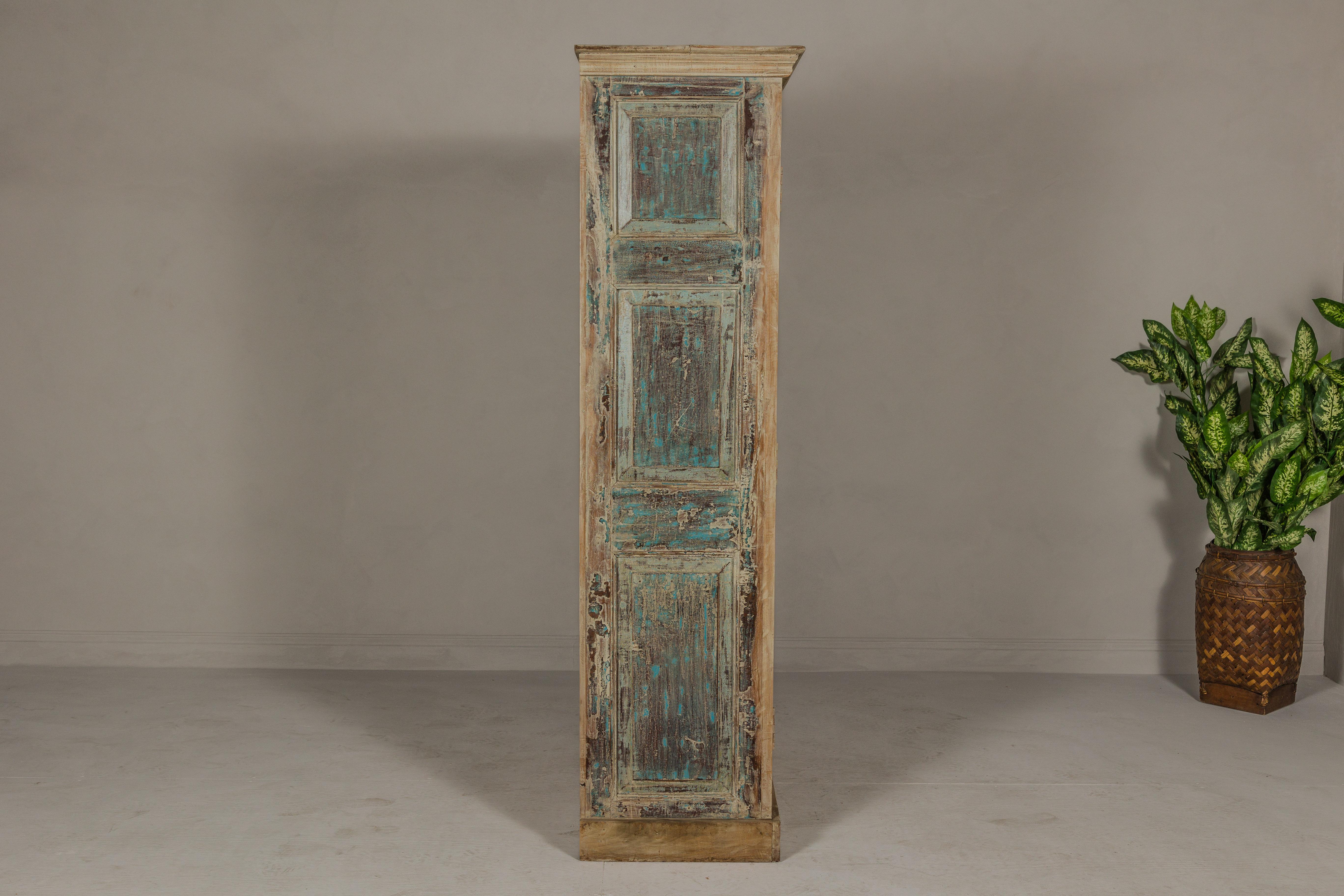 Reclaimed Wood Almirah Armoire with Weathered Green Patina and Three Shelves  For Sale 11