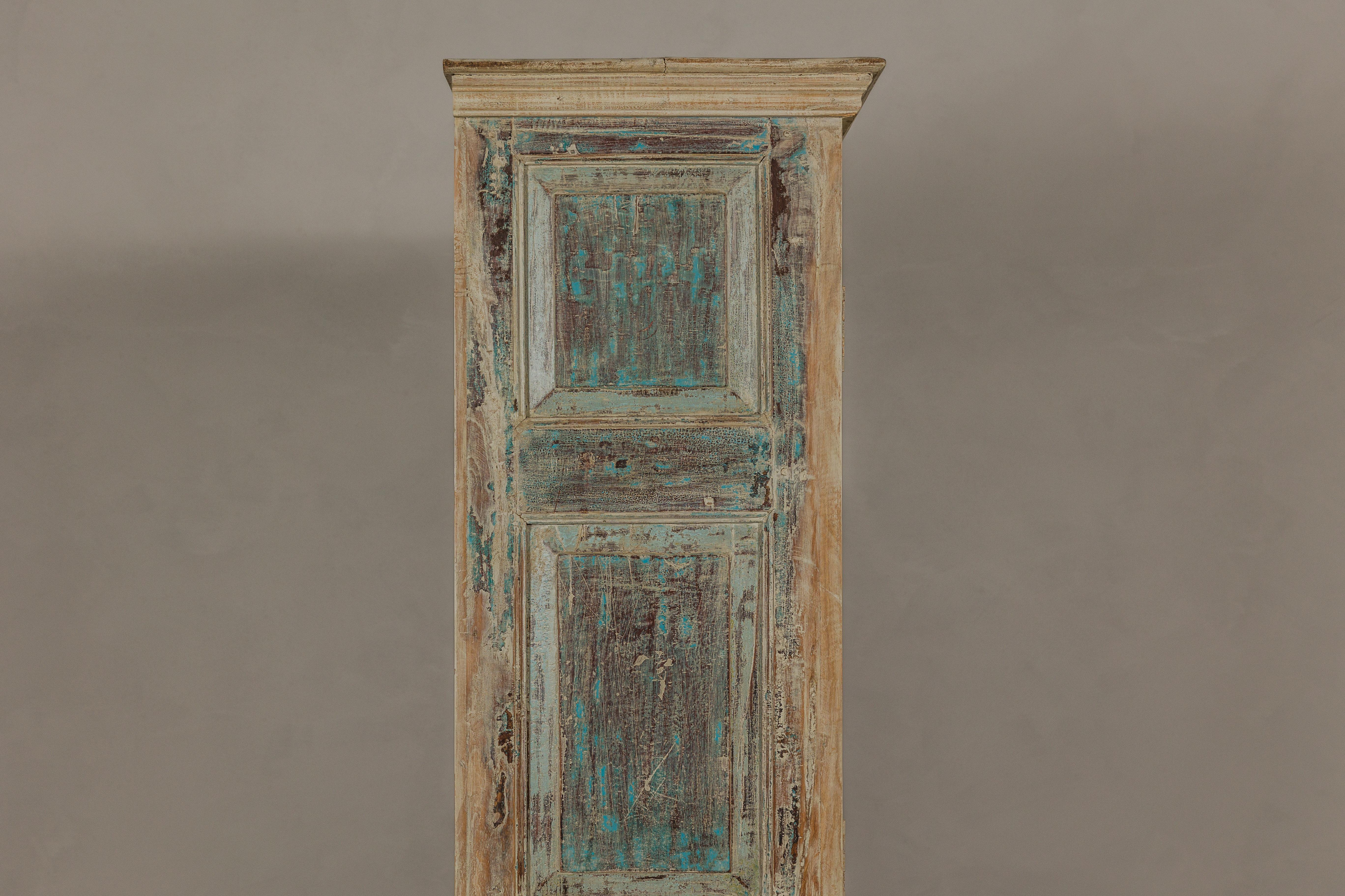 Reclaimed Wood Almirah Armoire with Weathered Green Patina and Three Shelves  For Sale 12