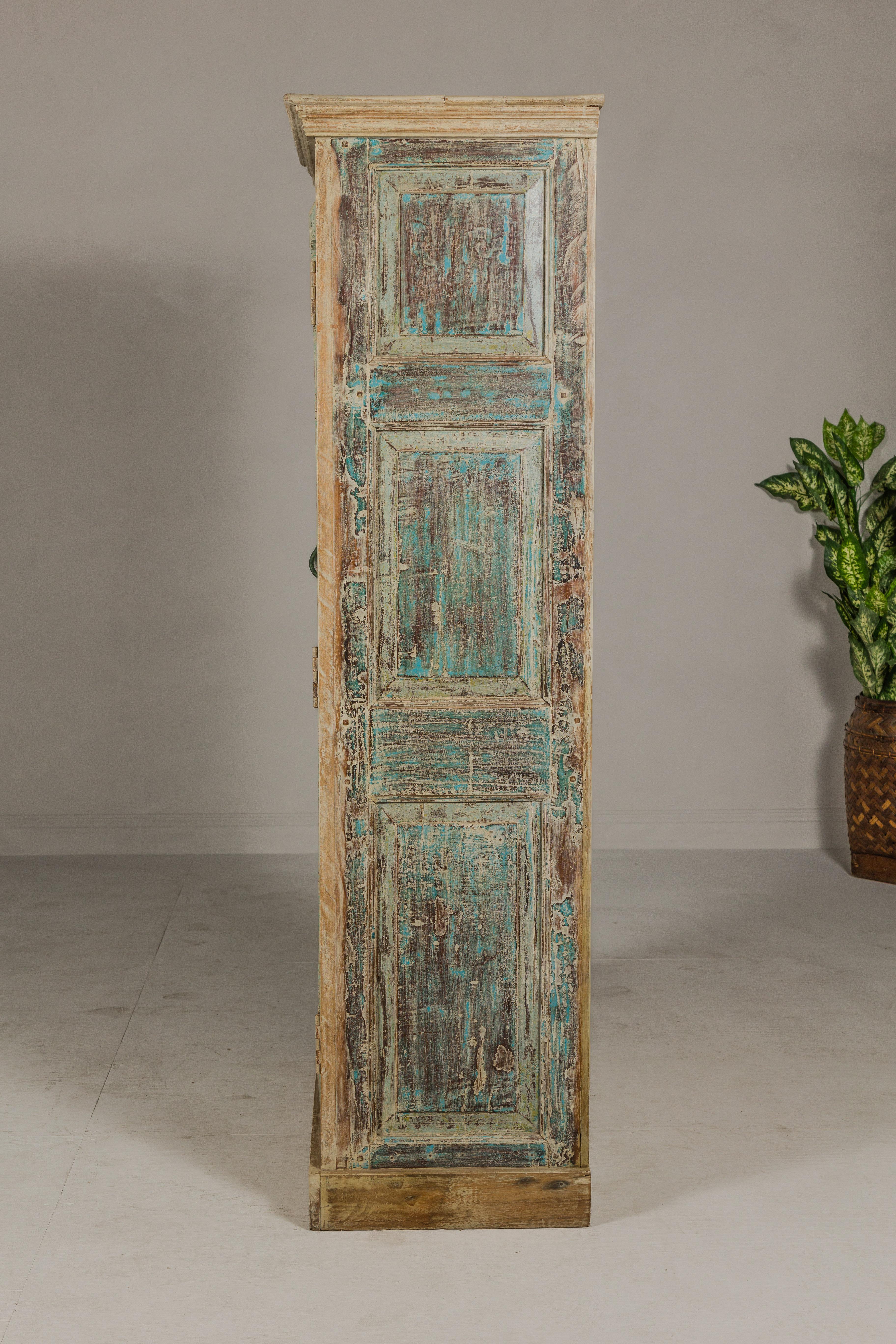 Reclaimed Wood Almirah Armoire with Weathered Green Patina and Three Shelves  For Sale 14