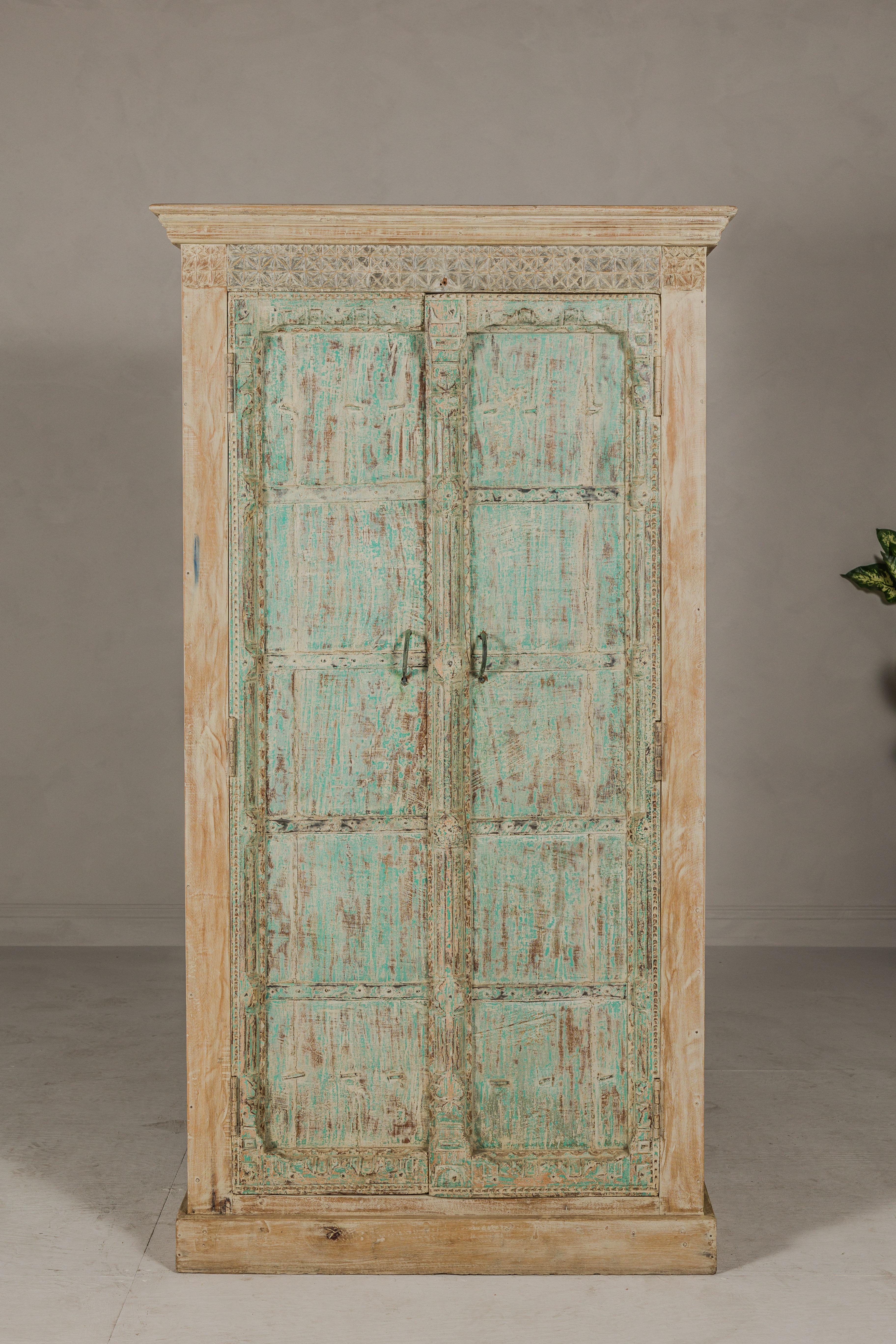 Indian Reclaimed Wood Almirah Armoire with Weathered Green Patina and Three Shelves  For Sale